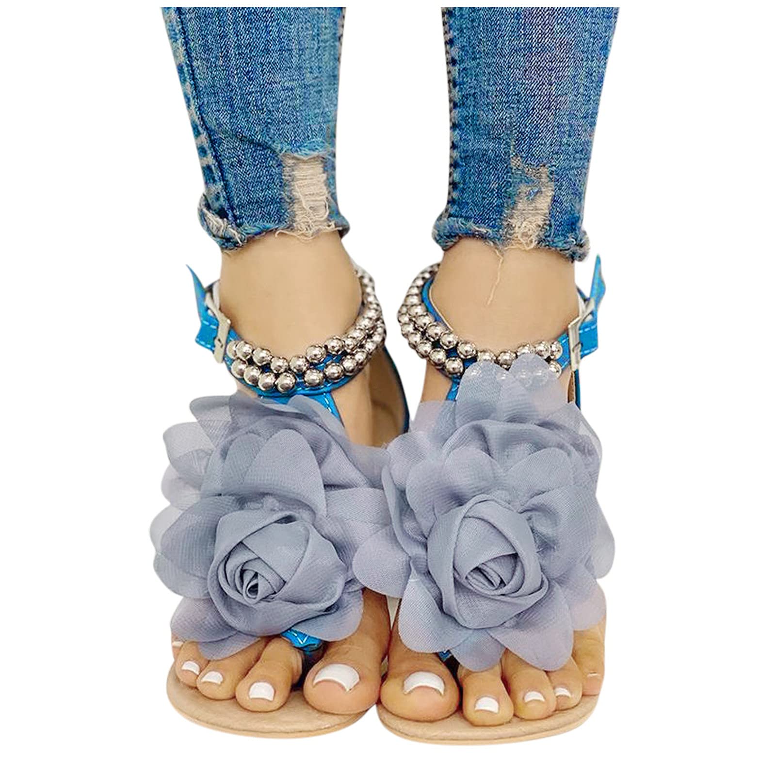Women's Floral Lace Flat Sandals - Open Toe Comfortable Boho Roman Sandals for Summer, Beach & Casual Dressy Occasions