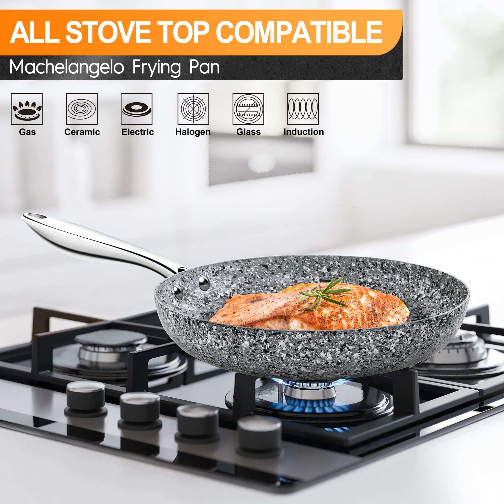MICHELANGELO 8-11 Inch Nonstick Stone Frying Pan Set with Lid – Granite Coated Skillet for Sauteing, Frying & Cooking – Perfect for Gas, Electric & Induction Stovetops