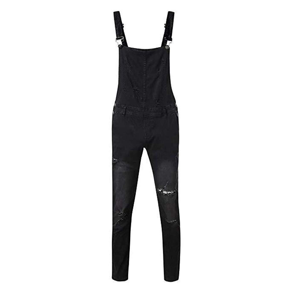 Huixin Men's Denim Overalls - Ripped Bib Jeans Slim Fitted Jumpsuit with Pockets (Black) | Casual Workwear & Street Style Outfit