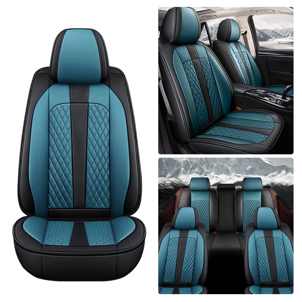 Premium Genuine Leather Car Seat Covers for Land Rover LR2 - Waterproof, Scratch-Resistant, Non-Slip Design with Airbag Compatibility (Full Set, Black/Blue) - Perfect for SUV Protection & Luxury Interior Upgrade
