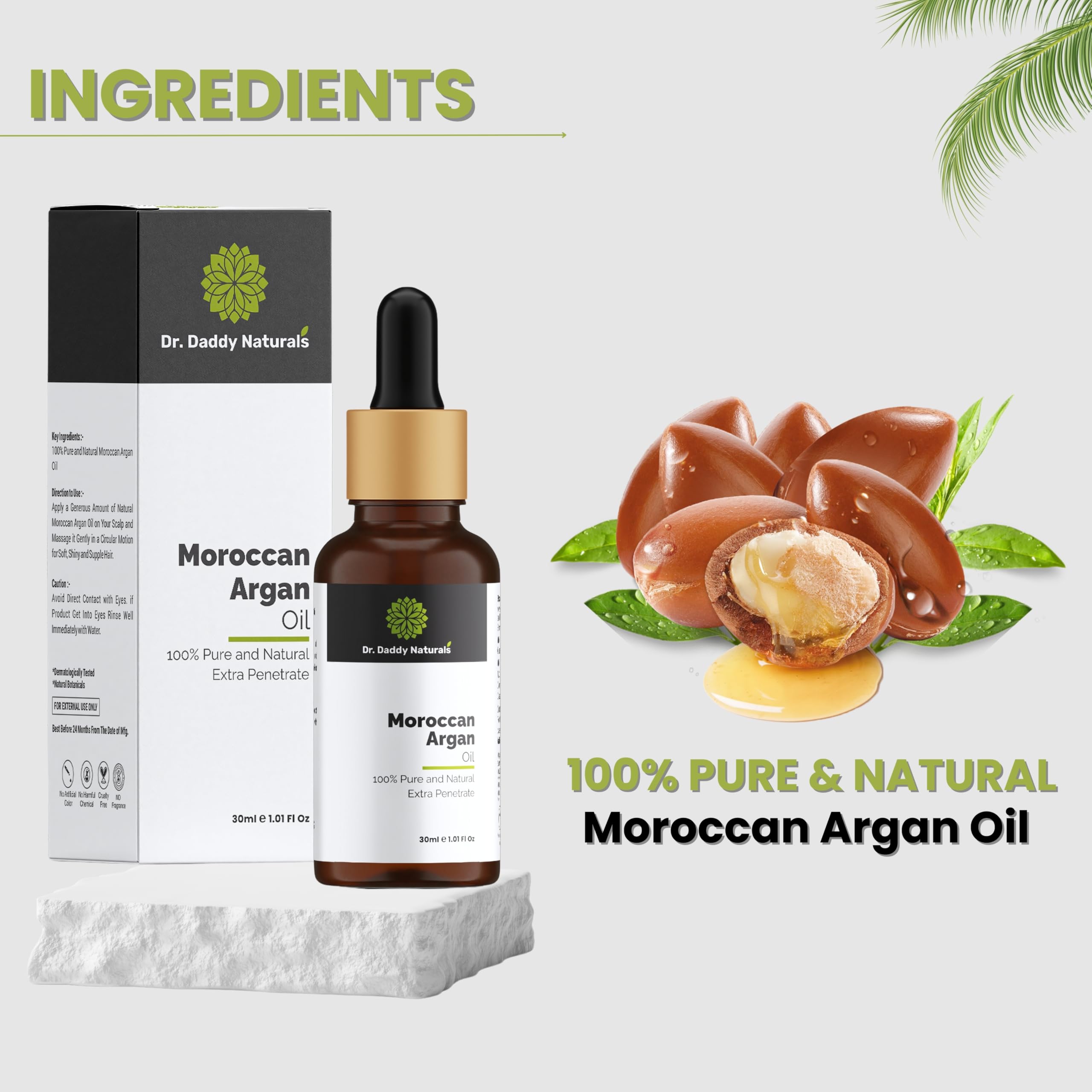 Dr. Daddy Naturals 100% Pure Organic Cold Pressed Moroccan Argan Oil for Hair, Face & Skin - Frizz Control, Daily Nourishment, Stronger Hair Growth - 30ml | Perfect for Dry Hair Treatment, Skin Hydration & Anti-Aging Care