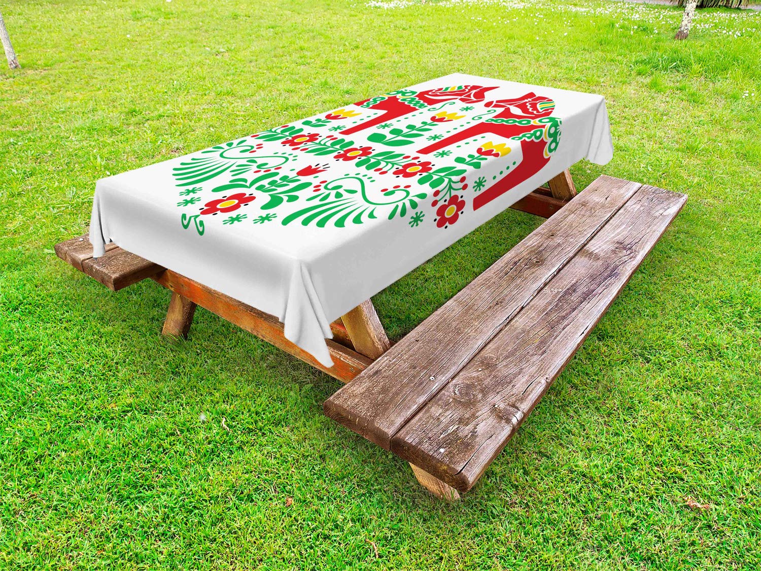 Ambesonne Polish Folk Floral Dala Horse Design Washable Outdoor Picnic Tablecloth 58