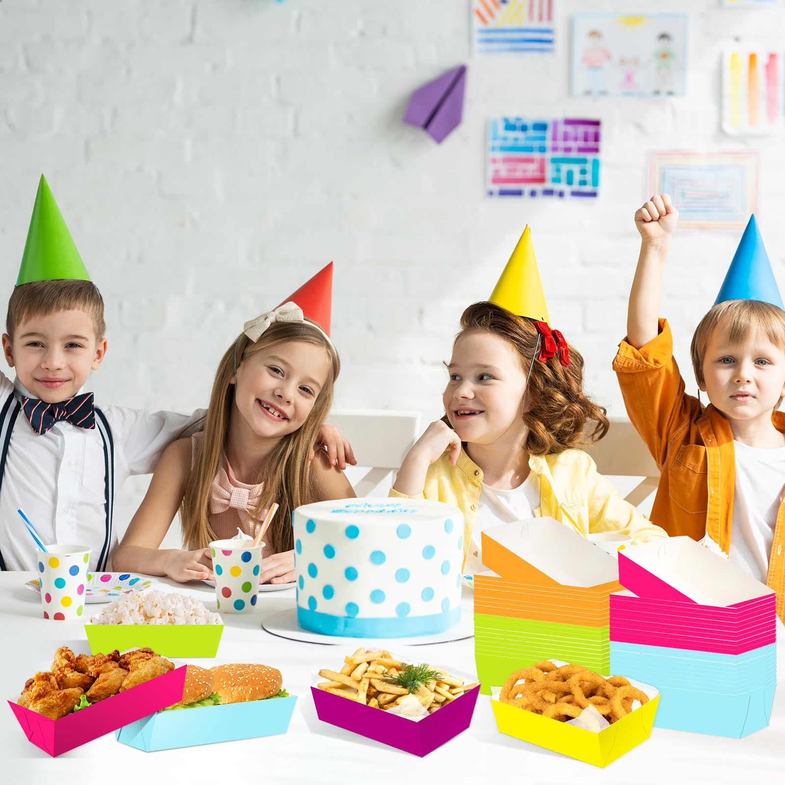Colorful Disposable Paper Food Trays 60 Pack - Eco-Friendly Snack Boats for Kids, School Activities, Spring & Easter Parties - Perfect for Classroom Treats, Birthday Snacks, and Party Serving
