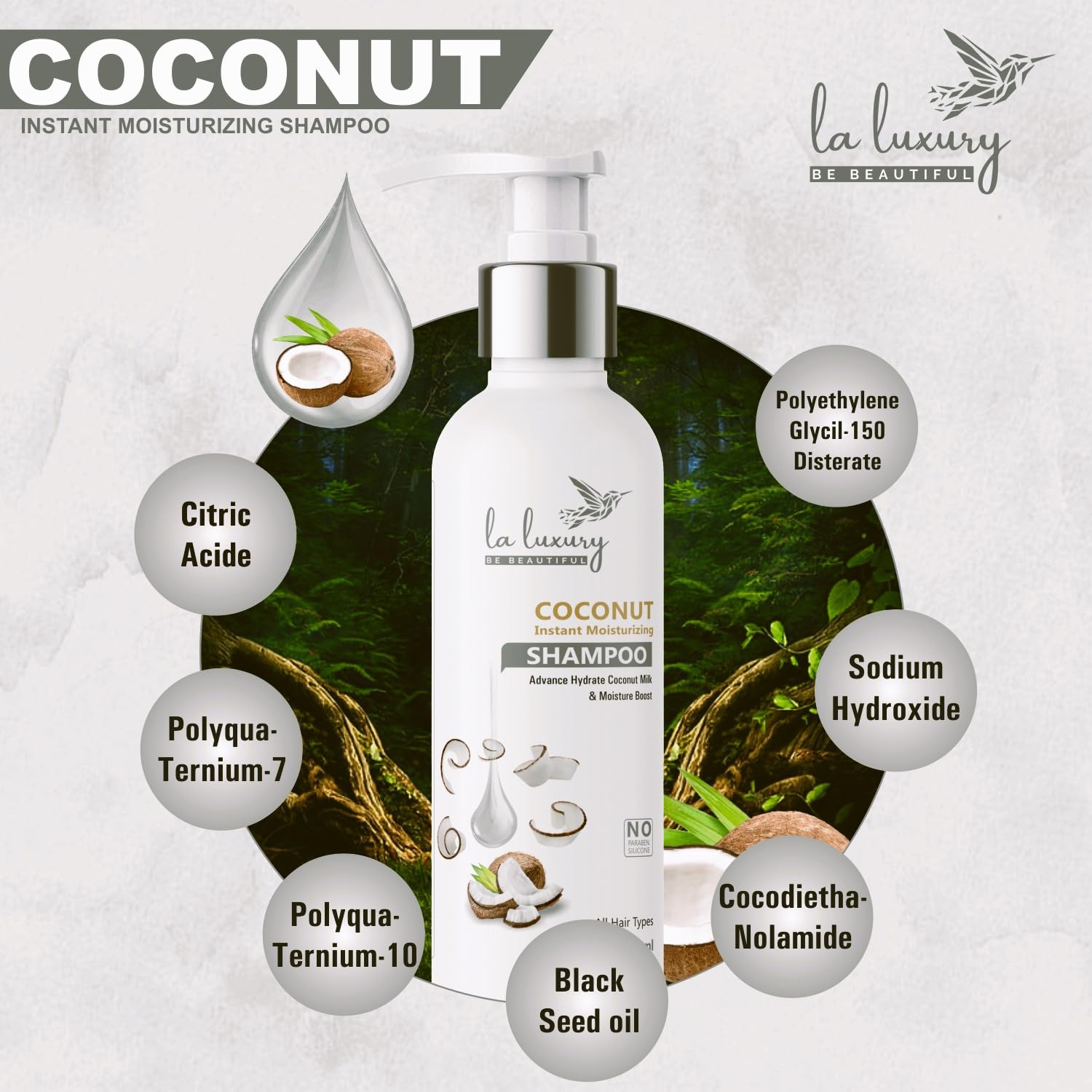 LA LUXURY Coconut Milk Shampoo for Hair Fall Control - 200ml Nourishing & Moisturizing Shampoo for Stronger, Healthier Hair Growth | Paraben & Sulfate Free | Perfect for Dry, Damaged Hair & Daily Hair Care Routine