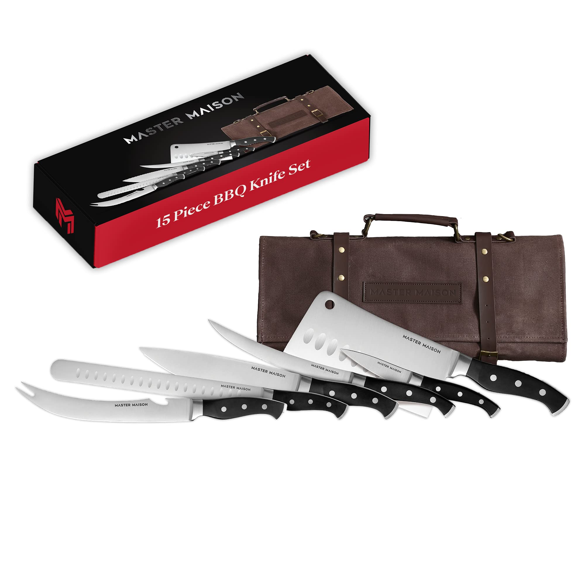 Master Maison 15-Piece BBQ Knife Set with Durable Canvas Case, Honing Rod & Sharpener | German Stainless Steel Grill Tools for Outdoor Cooking, Camping & Backyard BBQs