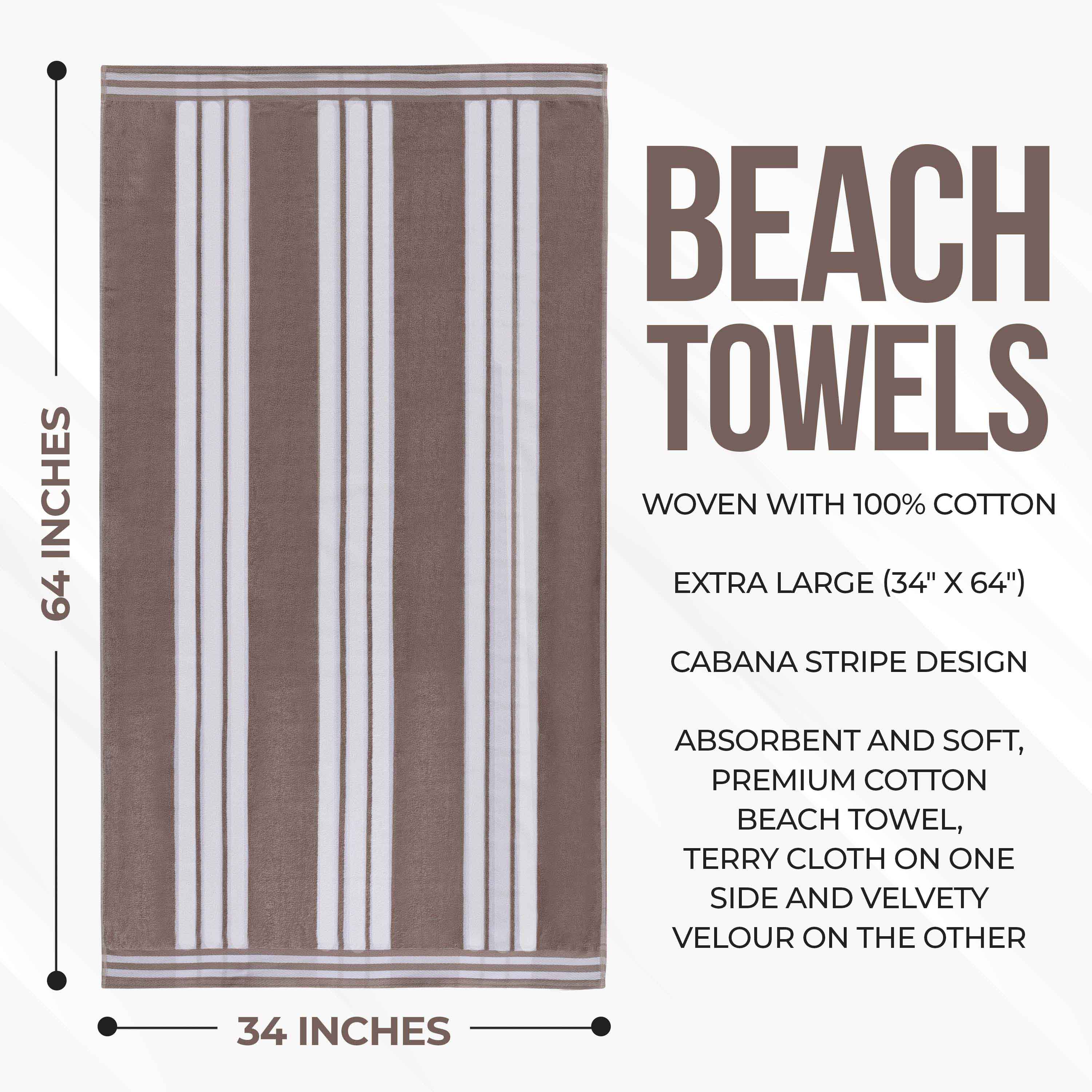 Premium Oversized Cabana Striped Cotton Beach Towel Set - 2, 4, or 6 Pack - Soft Quick-Dry Bath Towels for Pool, Beach, Vacation & Spa Days