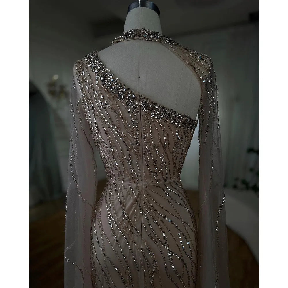 Elegant Black Mermaid Evening Gown with Cape Sleeves & Beaded Details - Luxury Women's Formal Dress for Arabic Parties, Prom, Gala & Special Occasions - Serene Hill Collection LA72112