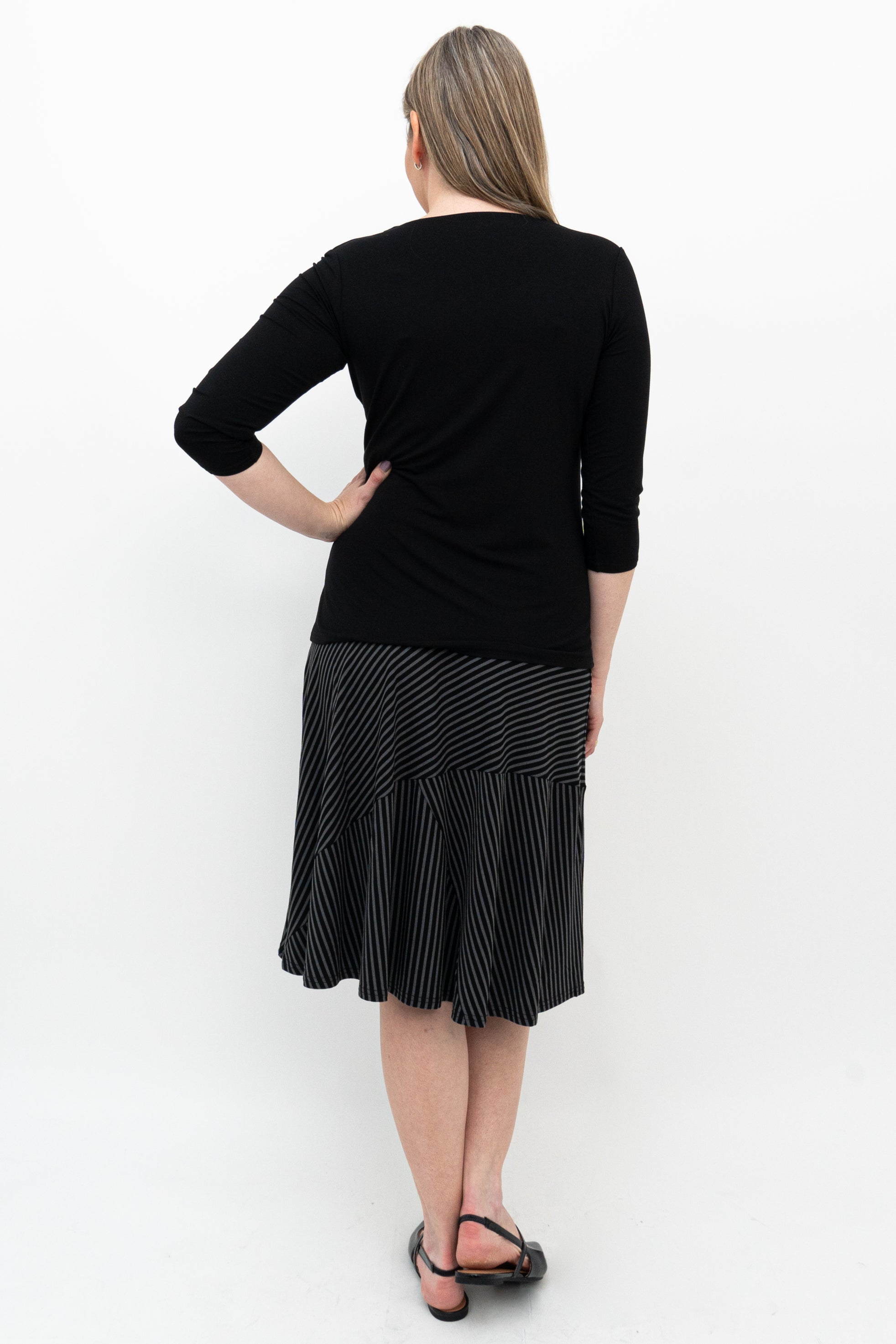 Lillian Skirt - Black & Grey Striped Bamboo Fabric Women's Midi Skirt | Comfortable & Eco-Friendly | Perfect for Office, Date Night & Summer Outfits