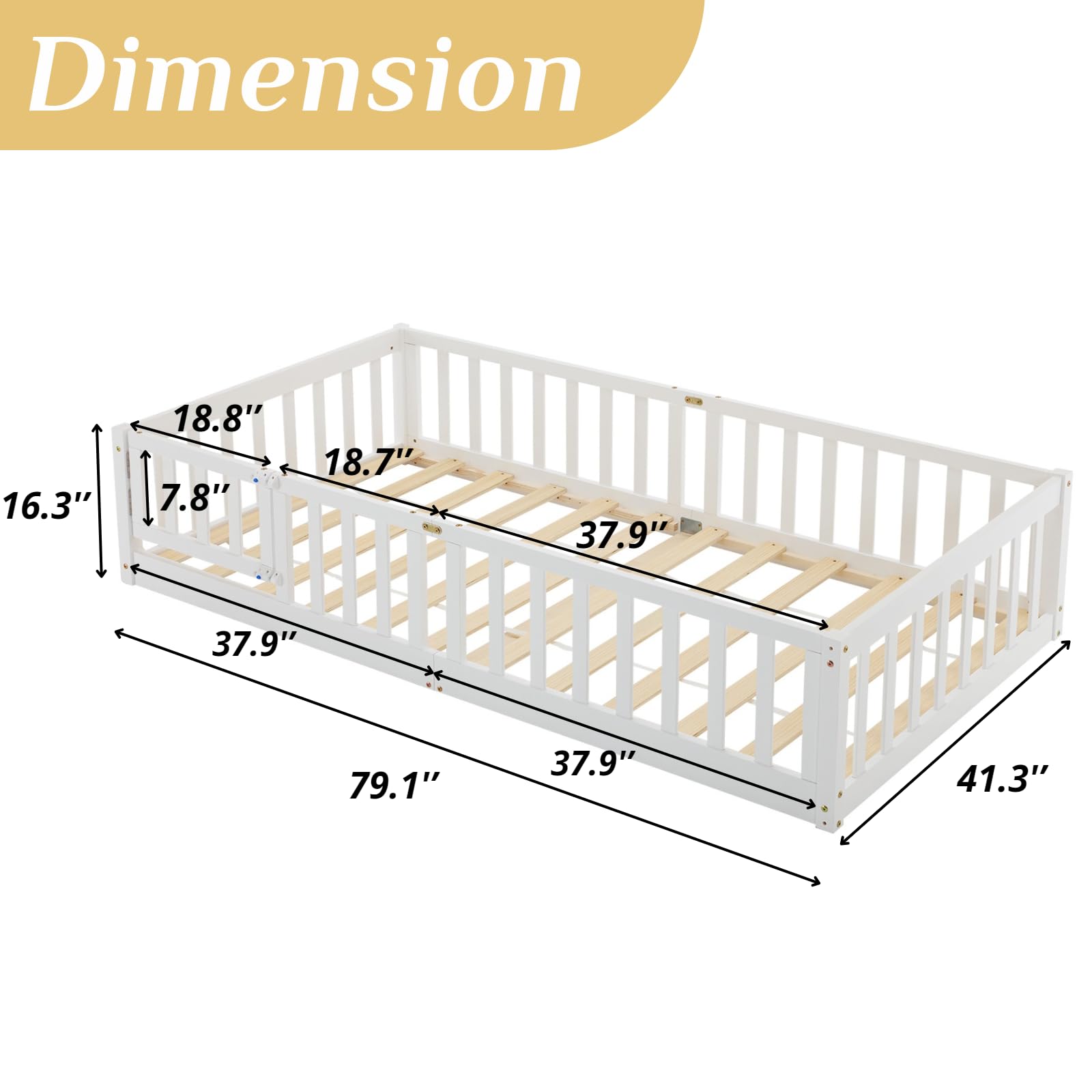 Montessori Toddler Floor Bed with Safety Guardrails - Solid Wood Twin Bed Frame for Kids, Girls & Boys - White Karl Home Bed with 12 Slats, Door & Fence | Perfect for Montessori Rooms, Daycare Centers & Safe Toddler Sleeping Spaces