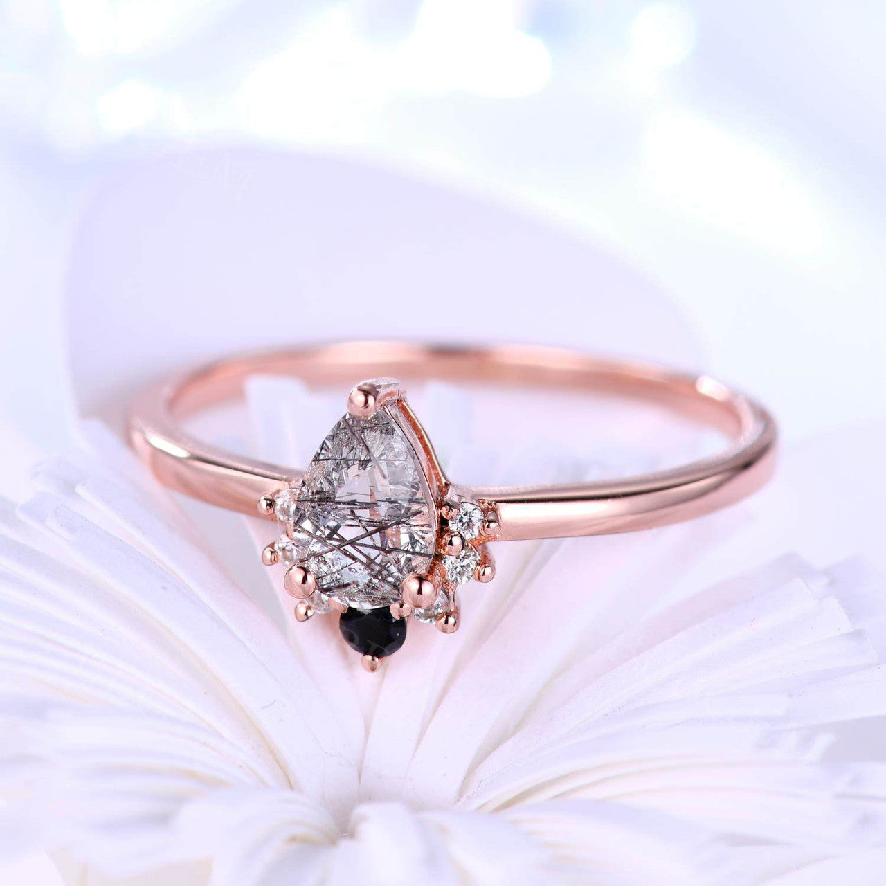 14K/18K Gold Black Rutilated Quartz Diamond Engagement Ring for Women - Elegant Wedding Band, Promise Ring, Anniversary Gift for Her