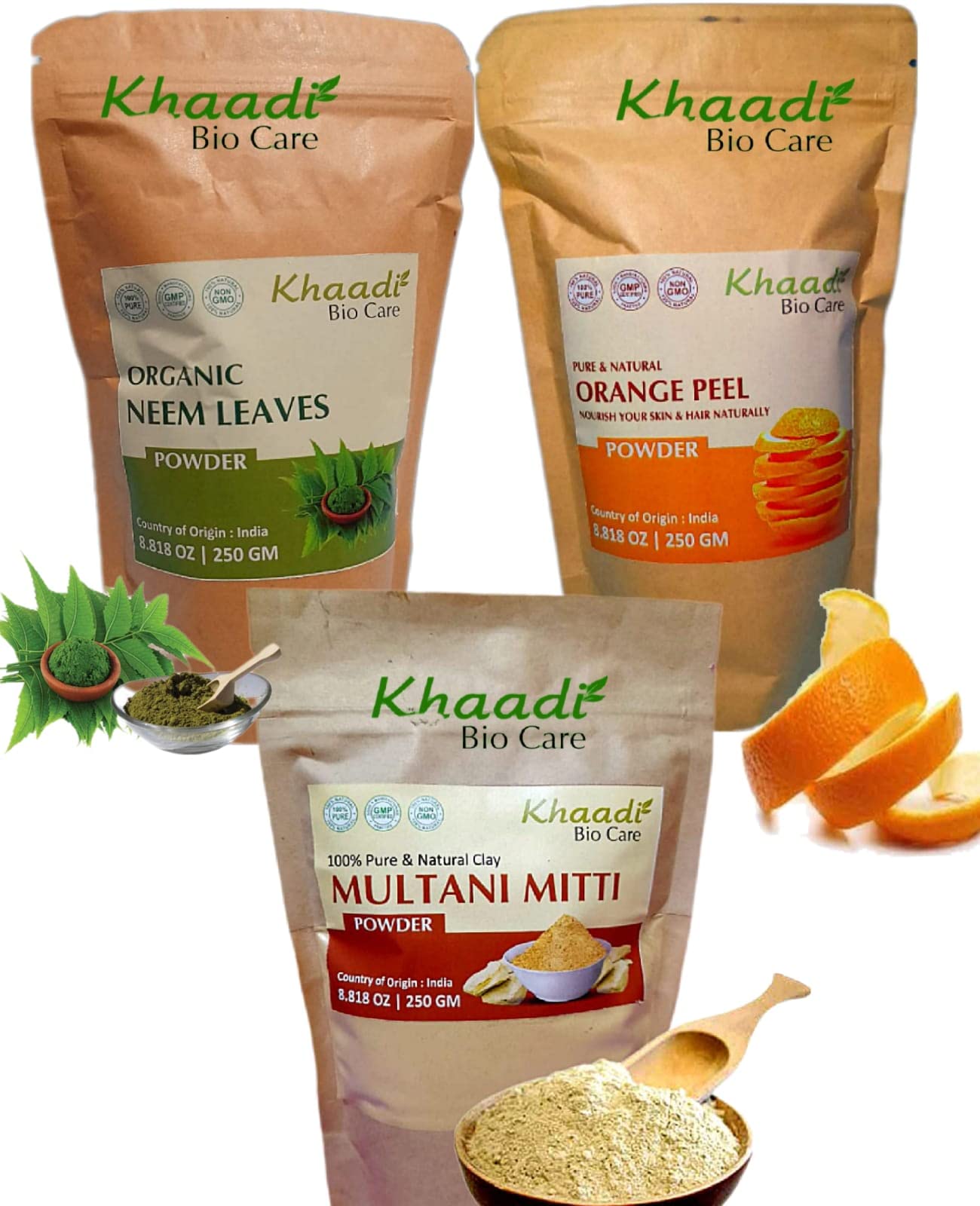 Khaadi Biocare Complete Skin Treatment Combo - 250g Multani Mitti Clay, 250g Neem Leaves Powder & 250g Orange Peel Powder (750g Total) for Acne, Brightening & Glowing Skin | DIY Face Mask for Oily, Dry & Sensitive Skin Care