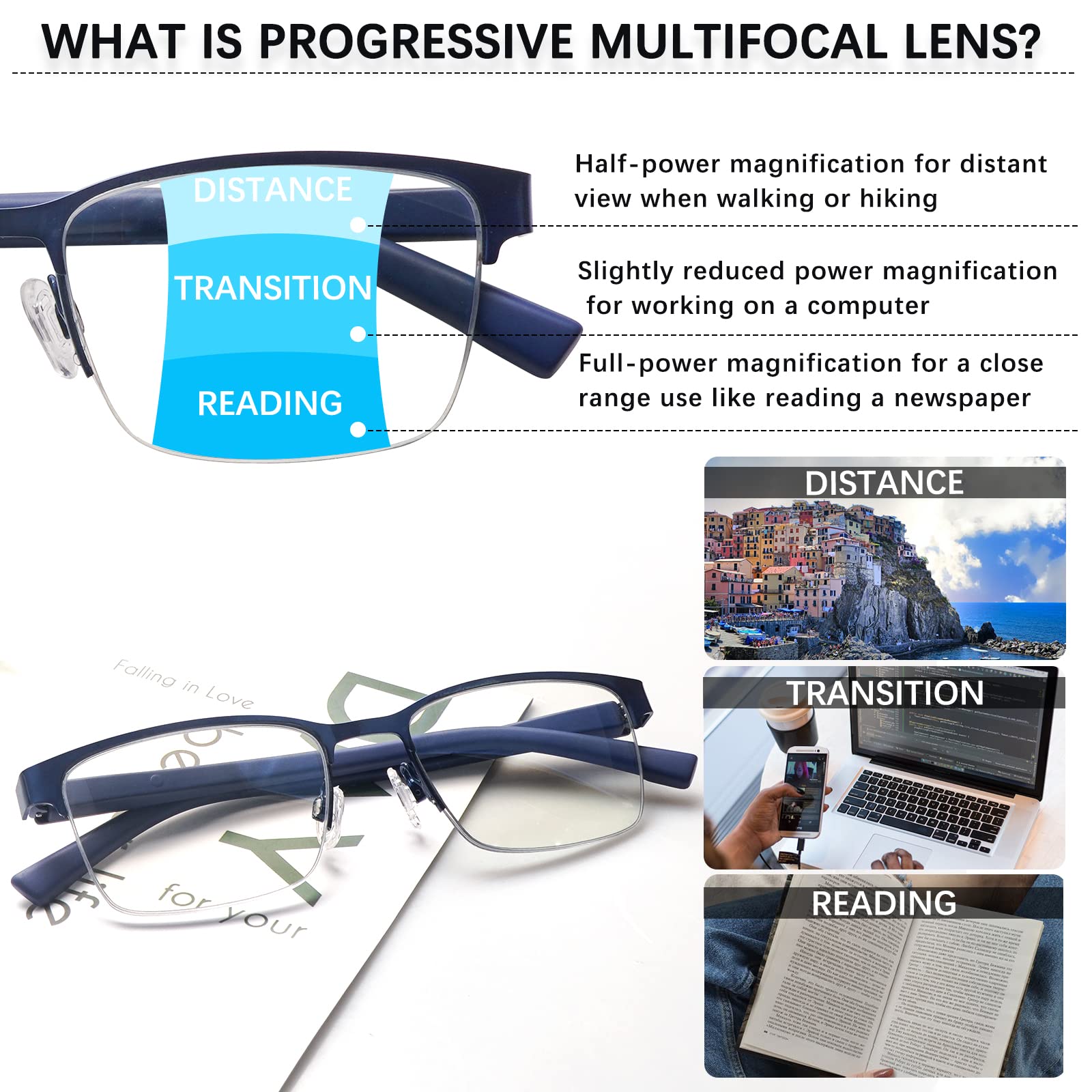 Blue Light Blocking Reading Glasses for Men - Progressive Multifocal Computer Glasses with Spring Hinge & Half Metal Frame - Perfect for Office Work, Screen Use, and Daily Reading