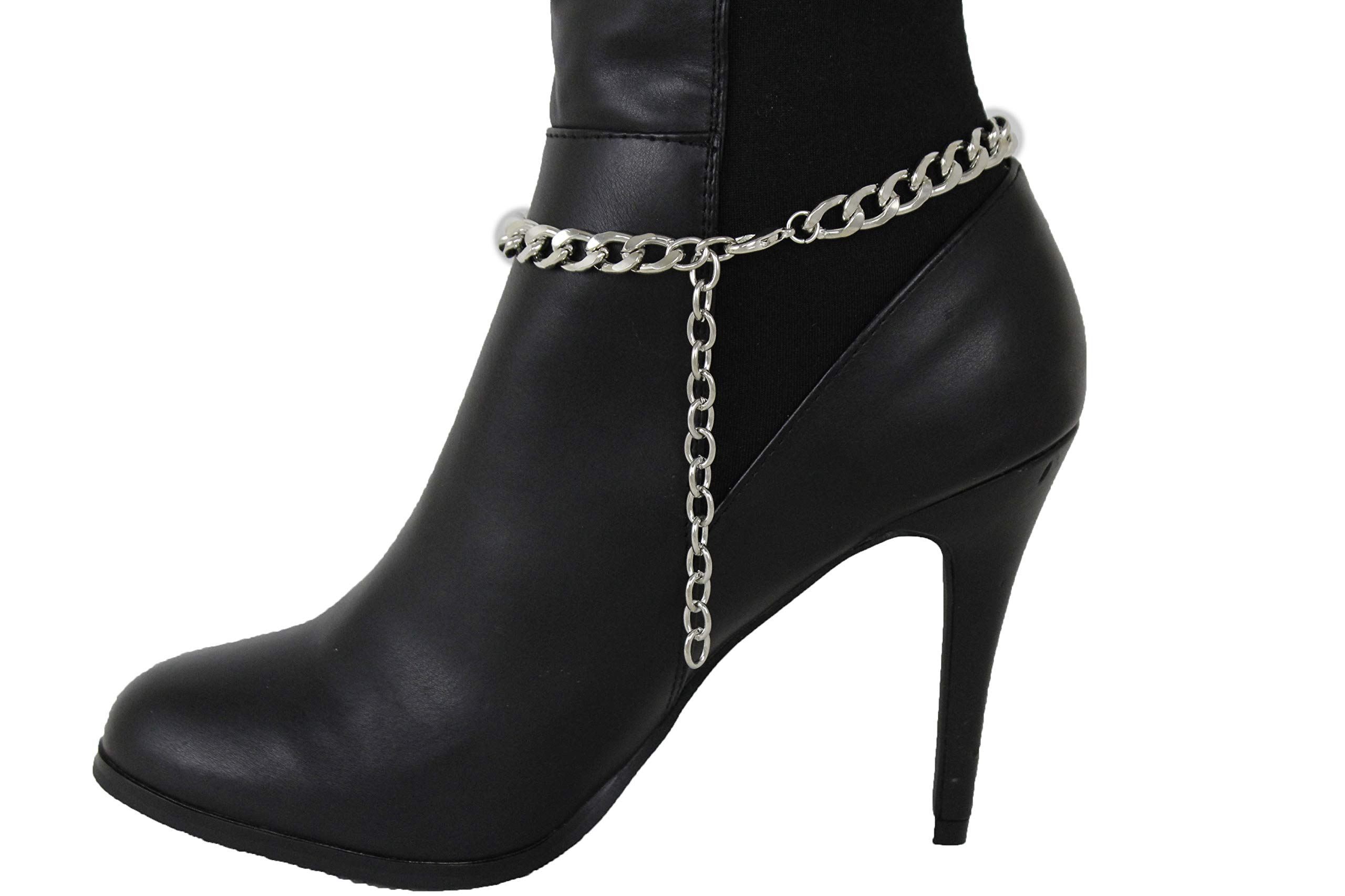TFJ Women's Silver Boot Bracelet Chain - Bling Metal Western Fashion Anklet with Black Square Lion Charm for Cowgirl Boots & Festival Outfits