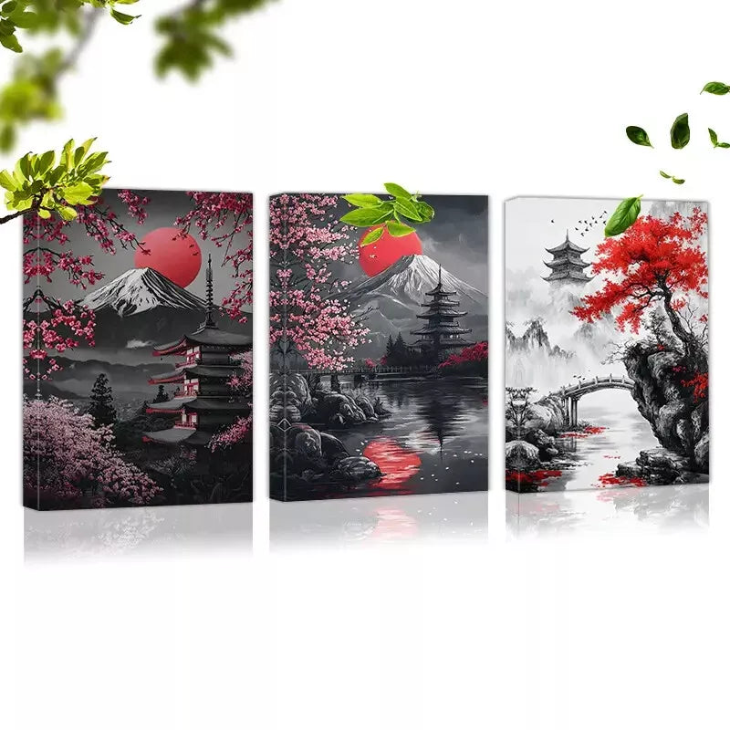 3-Piece Nature Scenes Wall Art Set - Mount Fuji & Red Floral Canvas Prints (50x70cm) | High-Quality Framed Australian-Made Wall Decor | Perfect for Living Room, Bedroom & Office Decoration