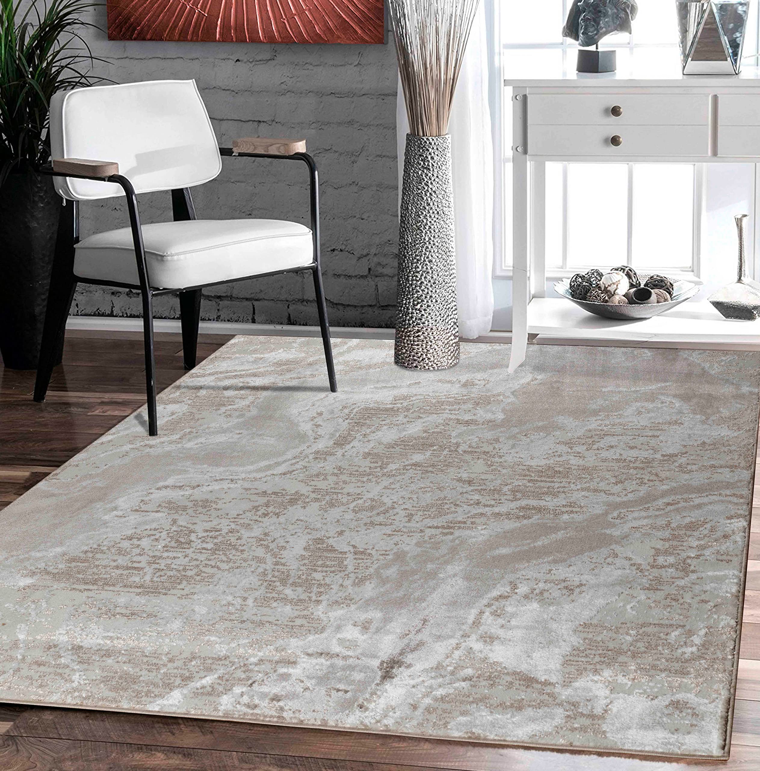 Modern Abstract Area Rug 8x10 - Soft Beige Cream Large Rug for Living Room, Bedroom & Home Office - Non-Slip Comfort for High Traffic Areas