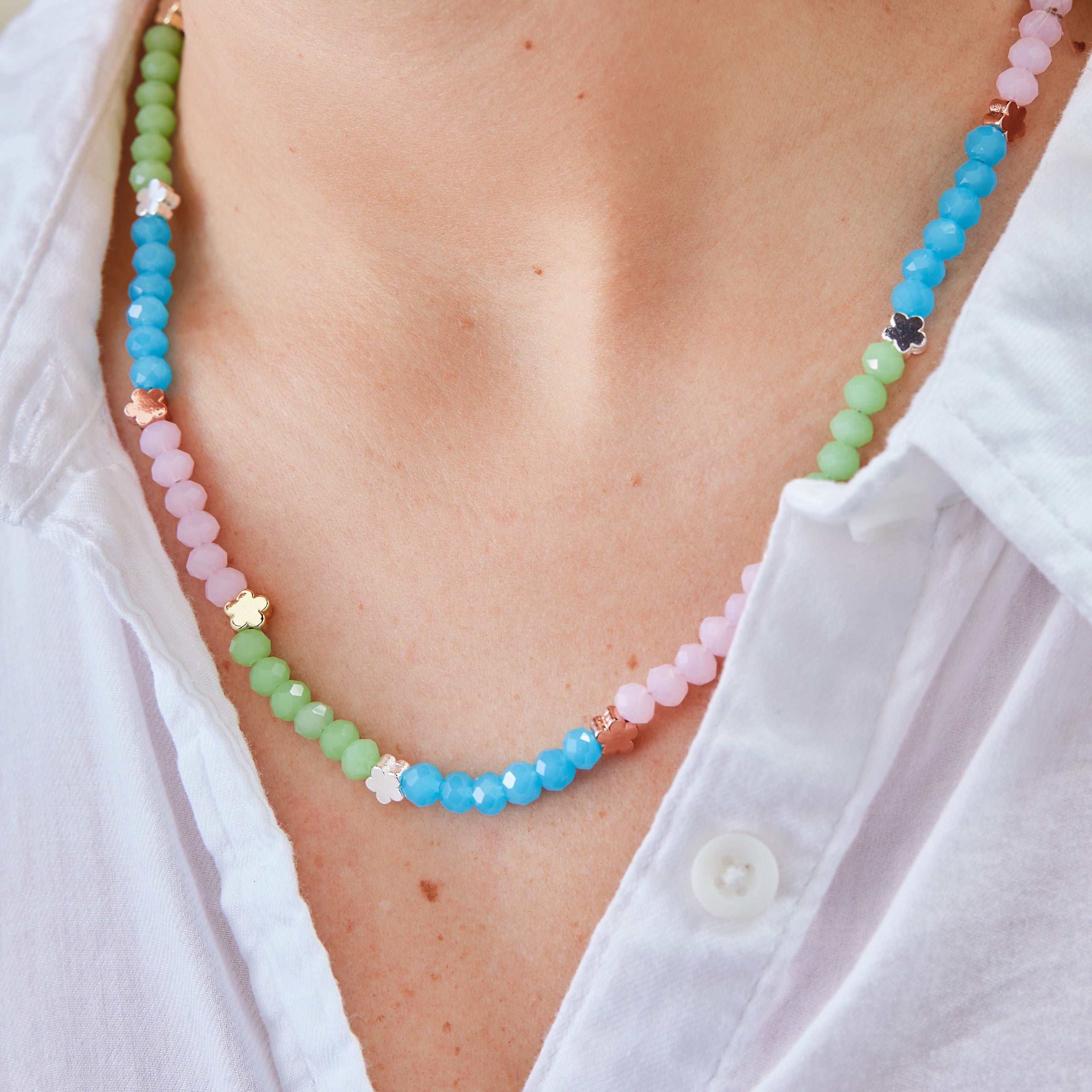 Adjustable Flower & Bead Tri-Color Necklace for Women | Elegant Boho Jewelry for Parties, Weddings & Everyday Wear