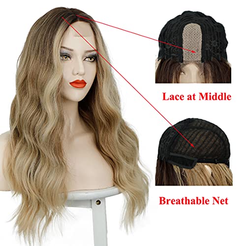 Long Straight Ombre Brown Wig with Middle Part - Natural Looking Synthetic Hair for Daily Wear & Cosplay
