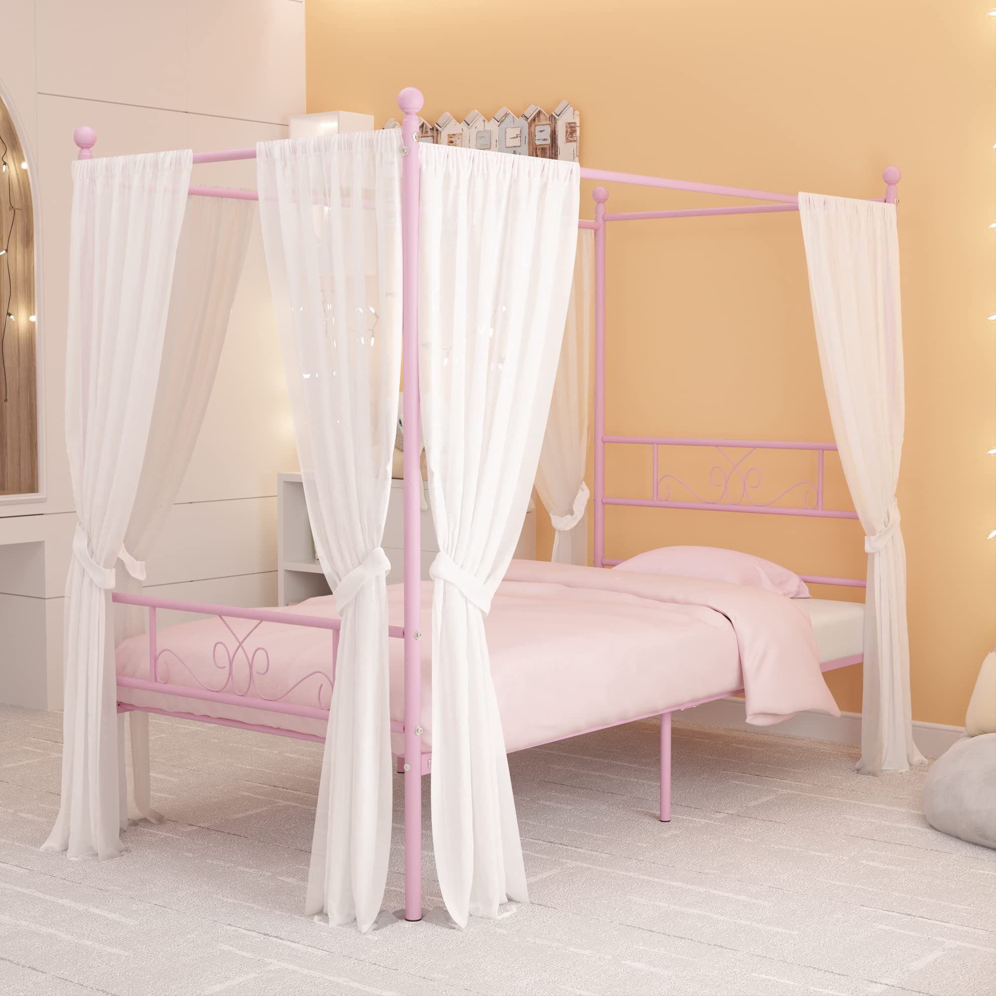 Weehom Twin Canopy Bed Frame with Headboard and Footboard - 4 Poster Metal Bed Frame for Kids & Adults - No Box Spring Needed - Sturdy Mattress Foundation Platform Bed in Pink - Perfect for Bedrooms, Guest Rooms & Dorm Decor