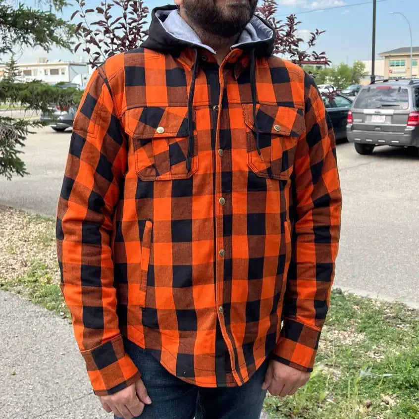 Milwaukee Leather Men's Orange & Black Armored Flannel Biker Shirt with Reinforced Fibers - Durable Motorcycle Riding Gear for Harley Davidson & Cruiser Bikes
