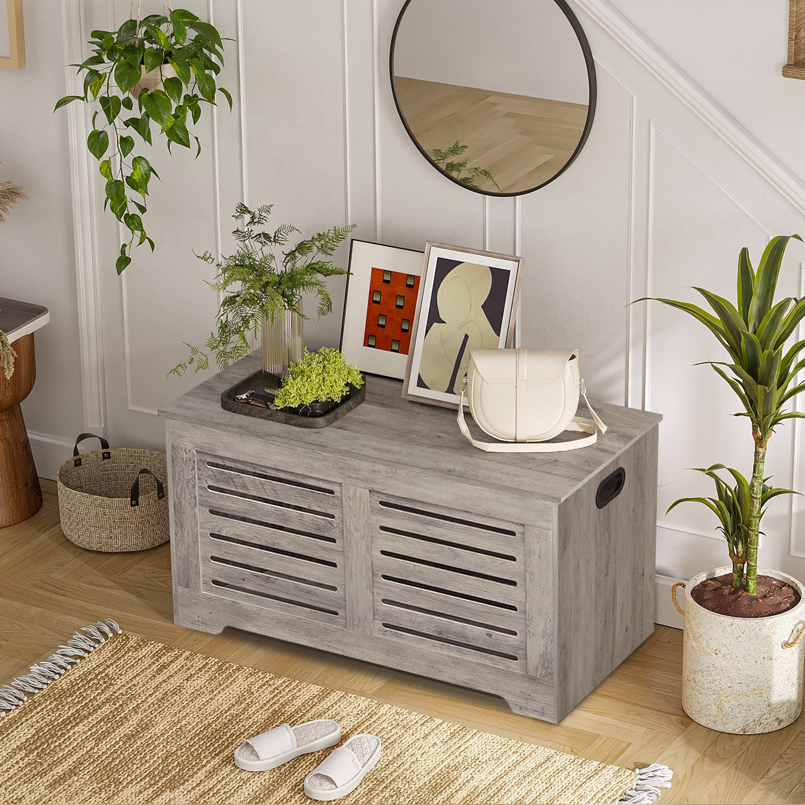 DINZI LVJ Wooden Storage Chest - Flip-Top Toy Box with Safety Hinges, Retro Entryway Shoe Bench, Large Sturdy Trunk for Living Room & Bedroom - Easy Assembly, Greige - Perfect for Kids' Room Organization & Entryway Storage