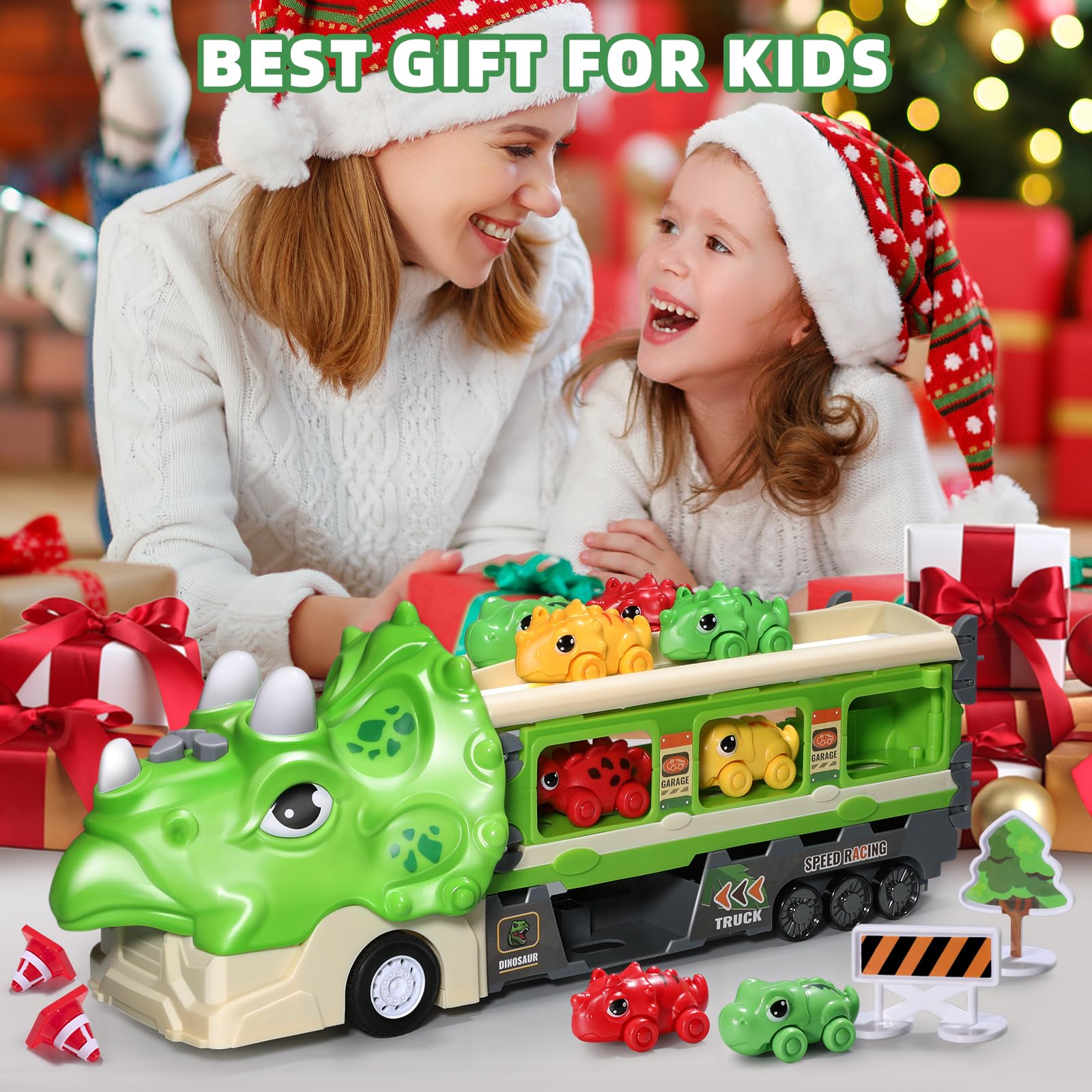 Dinosaur Toy Car Set with Foldable 117cm Track - Includes Launcher, 6 Mini Cars & 12 Road Signs - LED Lights & Sound Effects - Safe ABS Plastic & Dual-Layer Storage - STEM Learning Racing Playset for Kids Ages 3+ - Perfect for Birthday Gifts, Indoor Play & Preschool Educational Activities