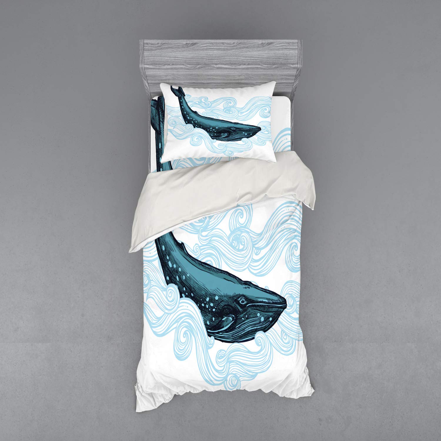 Ambesonne Whale Duvet Cover Set - 3 Piece Twin Size Bedding with Sham & Fitted Sheet, Big Happy Whale & Striped Waves Art Print in White, Dark Blue & Blue | Perfect for Kids' Rooms, Beach Themed Decor & Whale Lovers