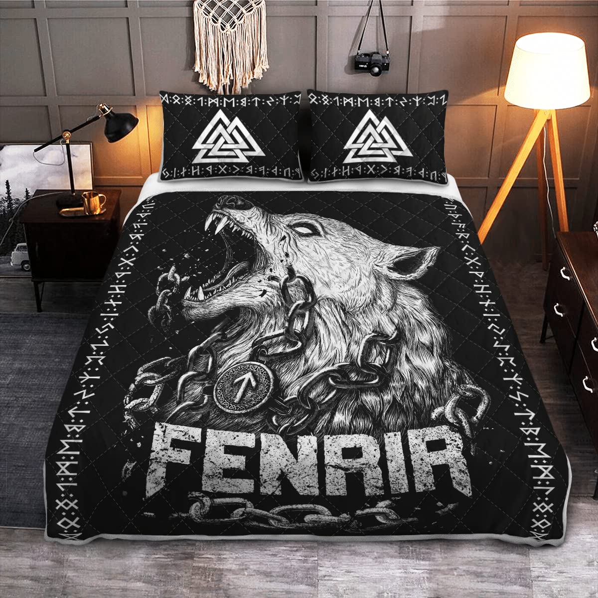 Viking Quilt Bedding Set - Fenrir Wolf & Valknut Design | Twin/Queen/King Size Throw Blanket | Norse Mythology Bedroom Decor | Perfect Gift for Viking Lovers | Cozy Home & Dorm Essentials | Ideal for Winter Nights & Nordic-Themed Rooms