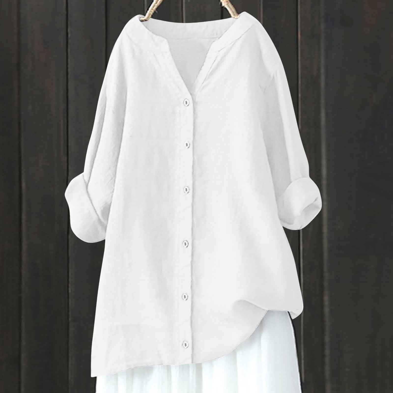 Women's Plus Size Linen Button Down Shirt - Long Sleeve Cotton Collared Blouse with Button Front, Oversized Work Shirt Tops for Office, Casual & Business Attire