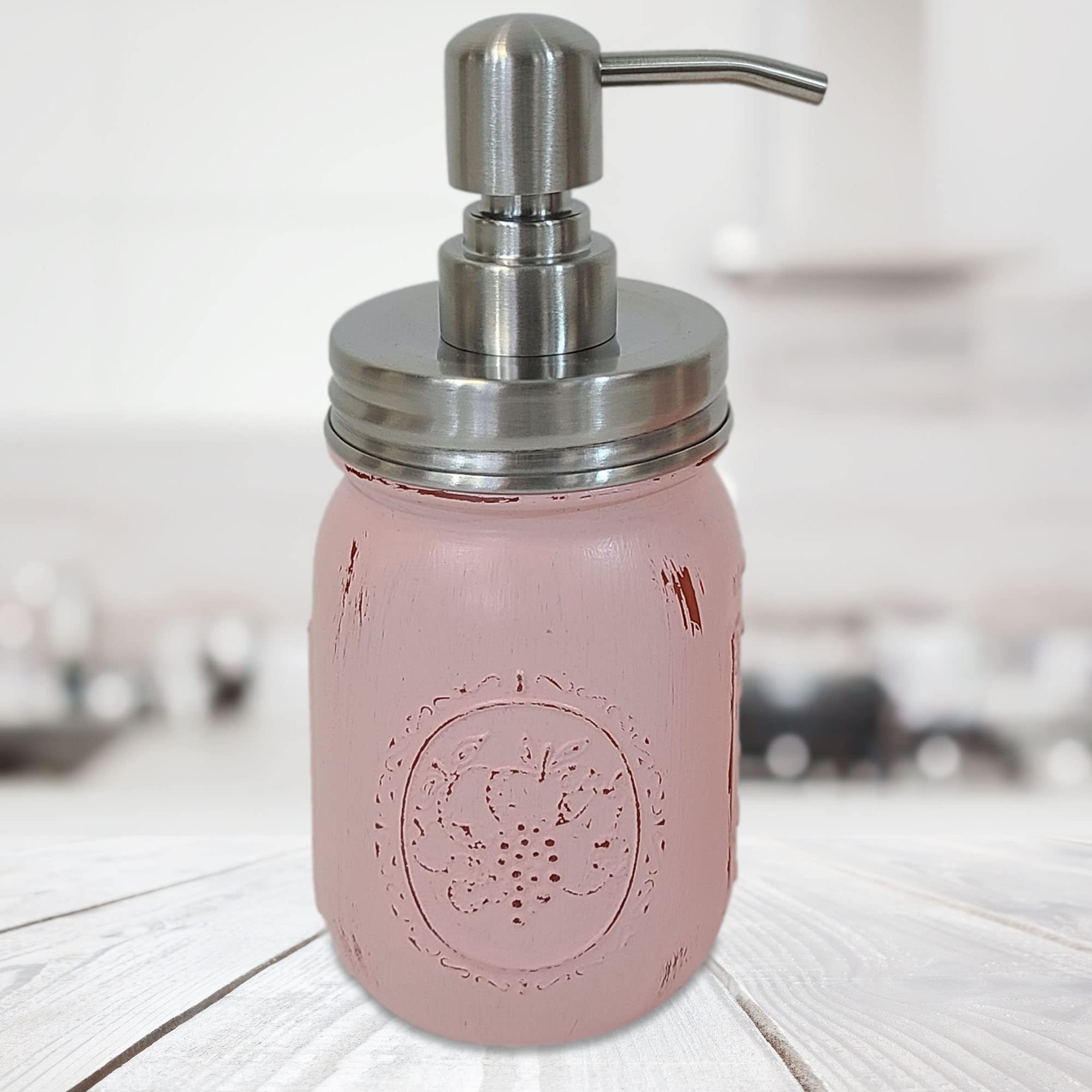 Renewed Decor Rustic Painted Mason Jar Soap Lotion Pump Dispenser - Farmhouse Bathroom & Kitchen Accessories - 20 Colors (Perfect Pink Shown) - Perfect for Farmhouse Sink, Vanity Decor, and Rustic Wedding Centerpieces