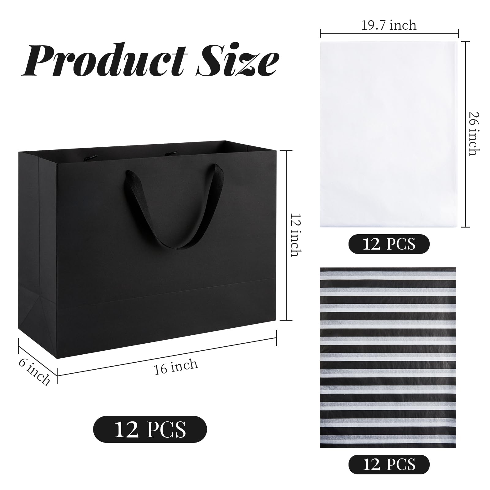 12 Pack 16 Inch Extra Large Black Kraft Paper Gift Bags with Ribbon Handles & Tissue Paper - 16x6x12 Inches - Perfect for Holiday Gifts, Retail Merchandising & Party Favors