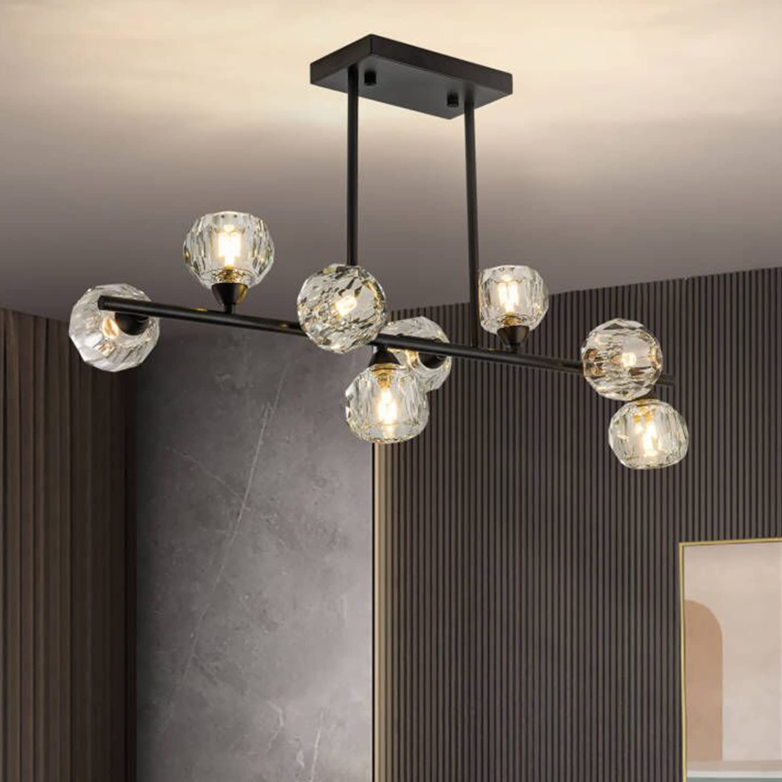 Modern Black Linear Sputnik Chandelier with Crystal Ball Shades - 8-Light Industrial Globe Pendant Lighting for Dining Room, Kitchen Island & Living Room | Elegant Ceiling Fixture for Modern Home Decor