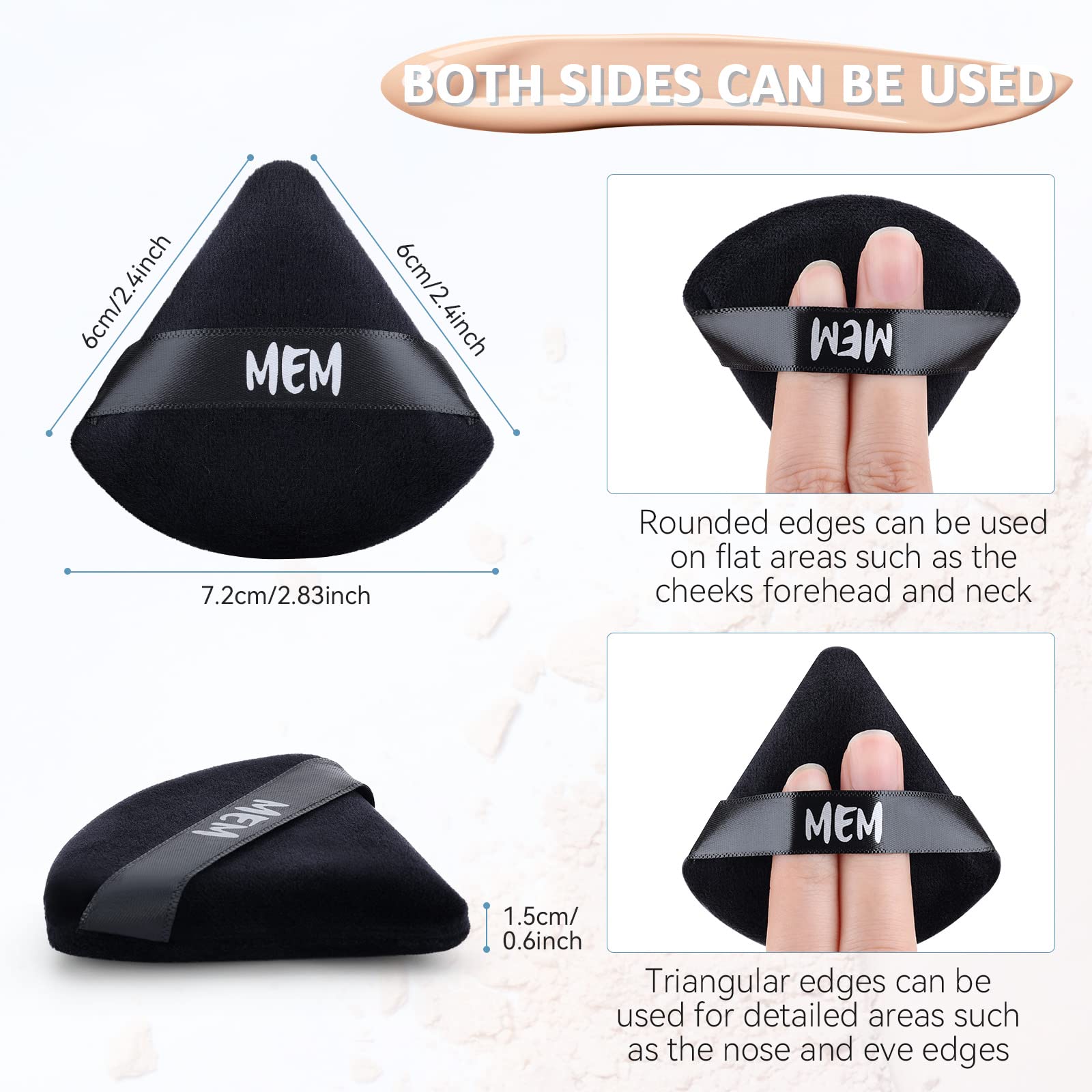 8-Piece MEM Triangle Powder Puff Set - Soft Velour Makeup Sponges for Loose & Pressed Powder Application (Wet/Dry Use) | Skin-Friendly Beauty Blenders with Satin Ribbon Handle | Perfect for On-the-Go Touchups & Professional Makeup Application