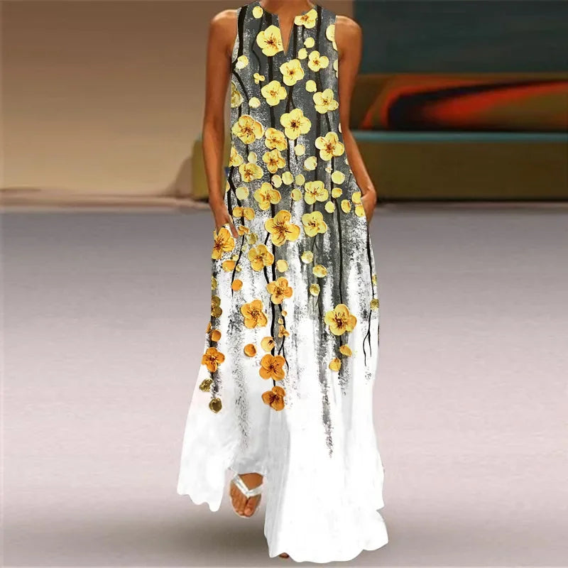 Stylish Women's Floral Print Hollow V-Neck Maxi Dress - Sleeveless Loose Fit Summer Beach Dress for Vacation, Seaside Outings & Boho Chic Occasions