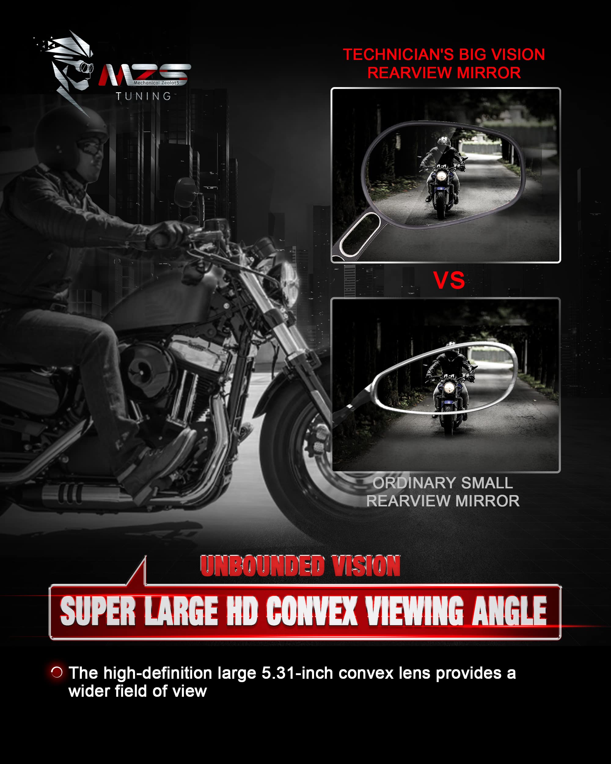 Black Hollow Rod Motorcycle Rear View Mirrors for Harley Davidson Sportster Softail Road Glide Electra Street Glide Road King Dyna Ultra Vrod (1982-2024) - Durable Touring Side Mirrors for Enhanced Safety & Style on Long Rides
