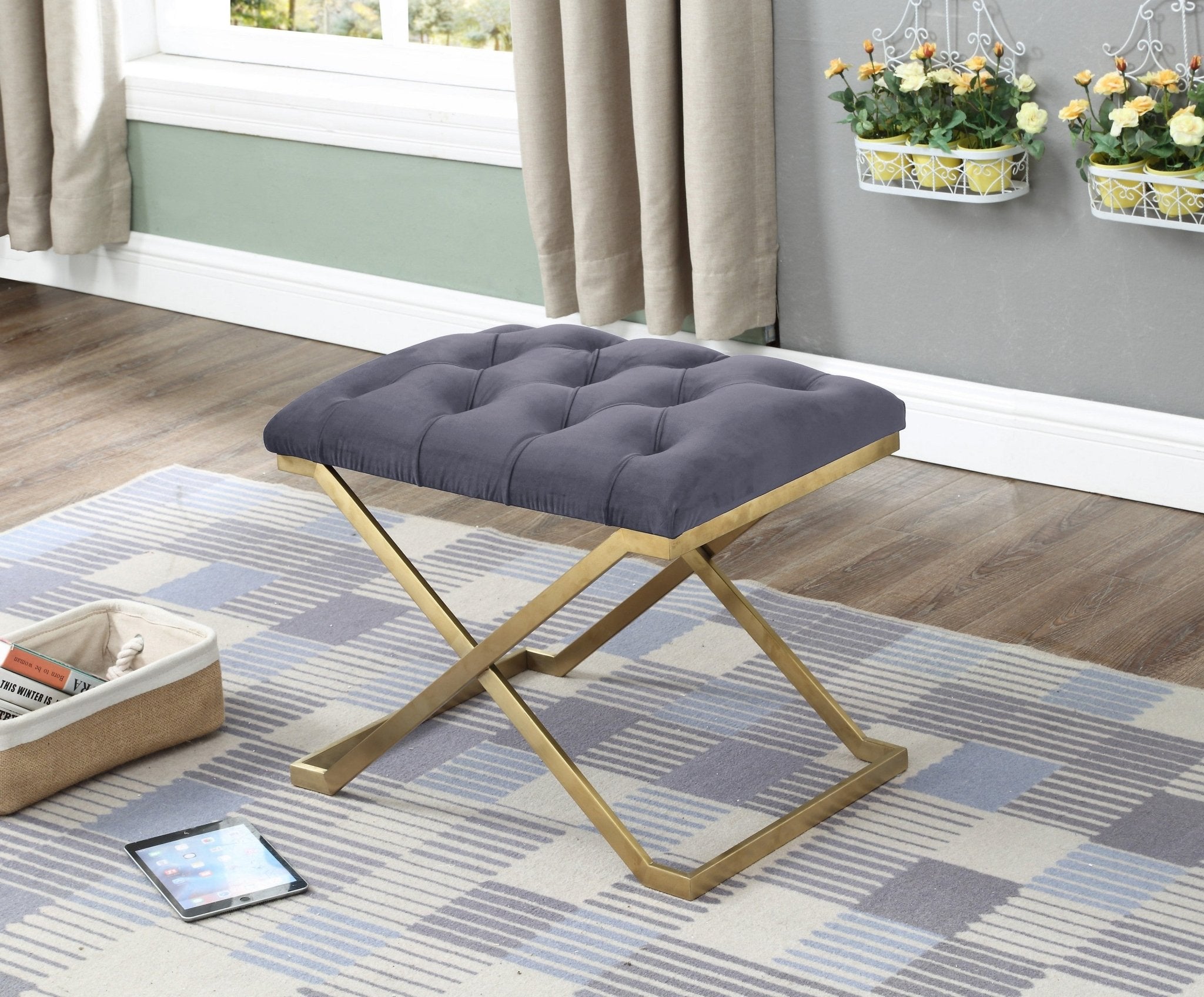 Luxury Grey Velvet Storage Ottoman with Gold Metal Legs - Footstool, Coffee Table & Extra Seating for Living Room, Bedroom & Home Decor