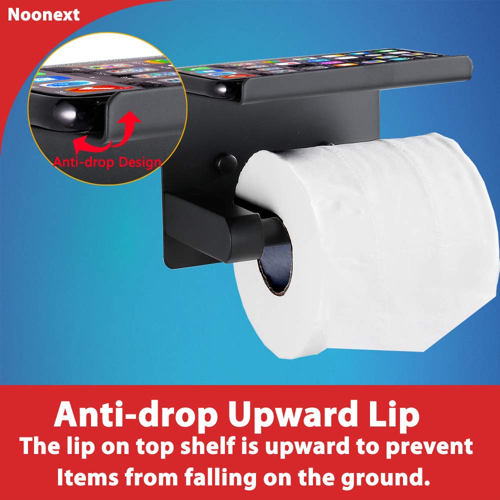 Stainless Steel Toilet Paper Holder with Shelf - No Drill Adhesive Mount - Black Matte SUS304 Bathroom Tissue Dispenser for Mega Rolls | Perfect for Small Bathrooms, RVs & Apartments