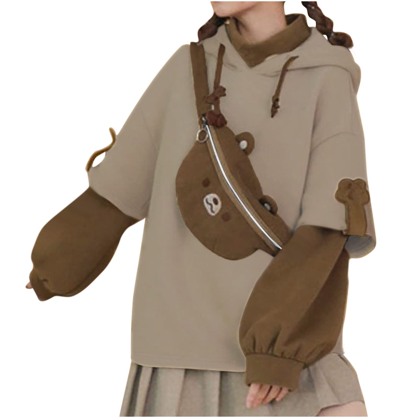 FAVIPT Cute Brown Bear Hoodies for Women 2022 - Kawaii Color Block Sweatshirt, Casual Long Sleeve Pullover for Teen Girls | Perfect for School, Dating & Streetwear Fashion
