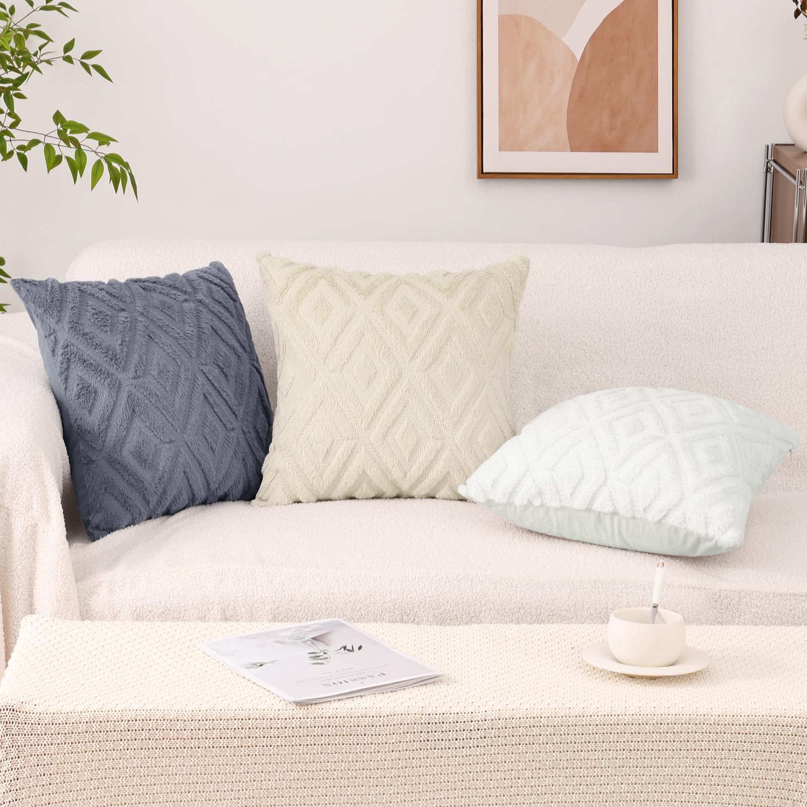 Pallene Soft Faux Fur Throw Pillow Covers 26x26 Set of 2 - Plush Wool Decorative Couch Pillow Covers for Sofa, Bed, Living Room - 3D Diamond Pattern Blue Grey - Perfect for Home Decor, Cozy Winter Nights & Modern Interior Design