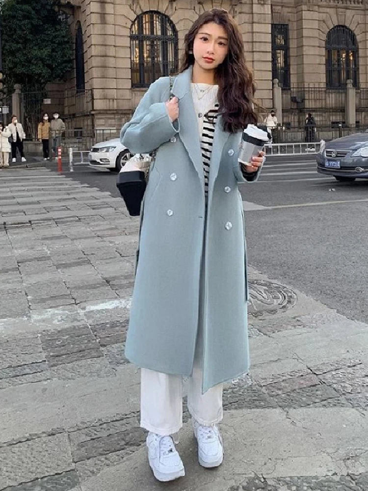 Women's Faux Wool Belted Double Breasted Long Coat - Notched Collar Full Sleeve Loose Fit Jacket for Autumn | Casual Outerwear for Work, Dating & Fall Fashion