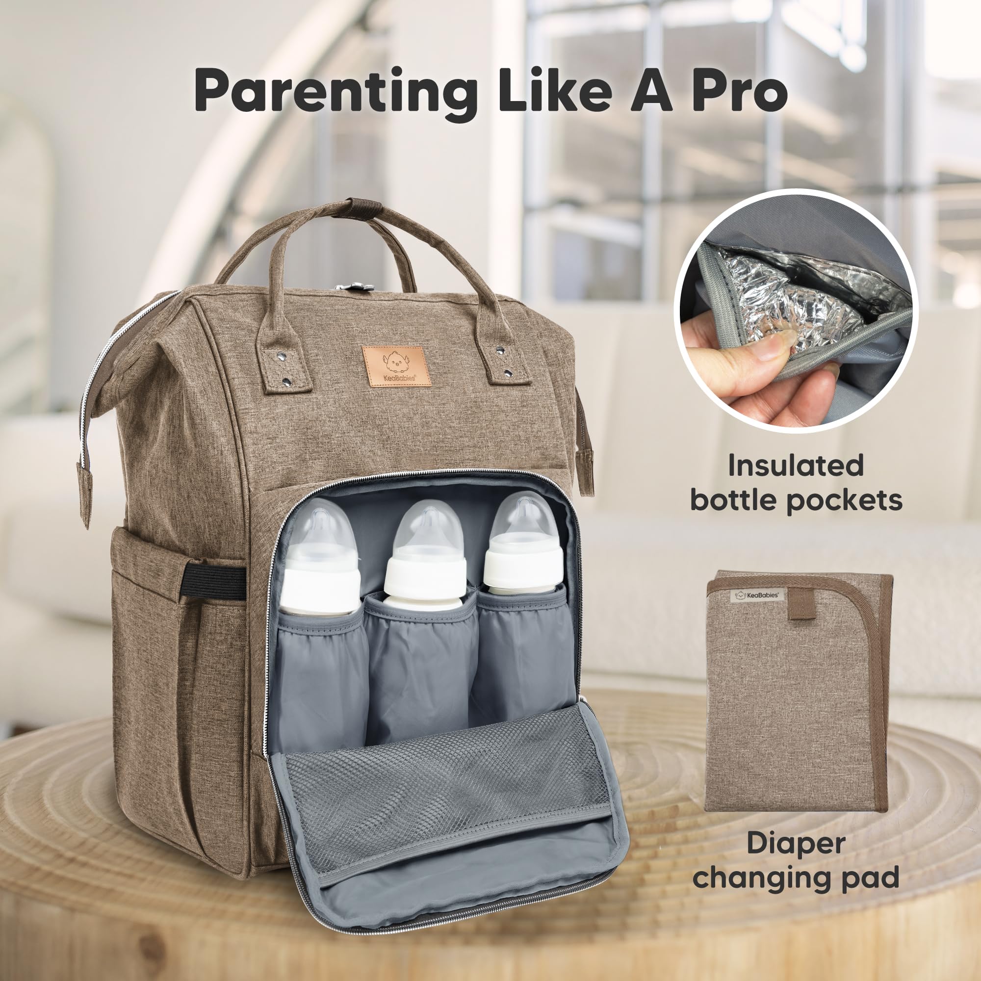 KeaBabies Baby Diaper Backpack - Large Waterproof Travel Diaper Bag for Boys & Girls with Changing Pad | Multi-Functional Parent Essentials | Perfect for Daycare, Outings & Travel (Coffee Brown)