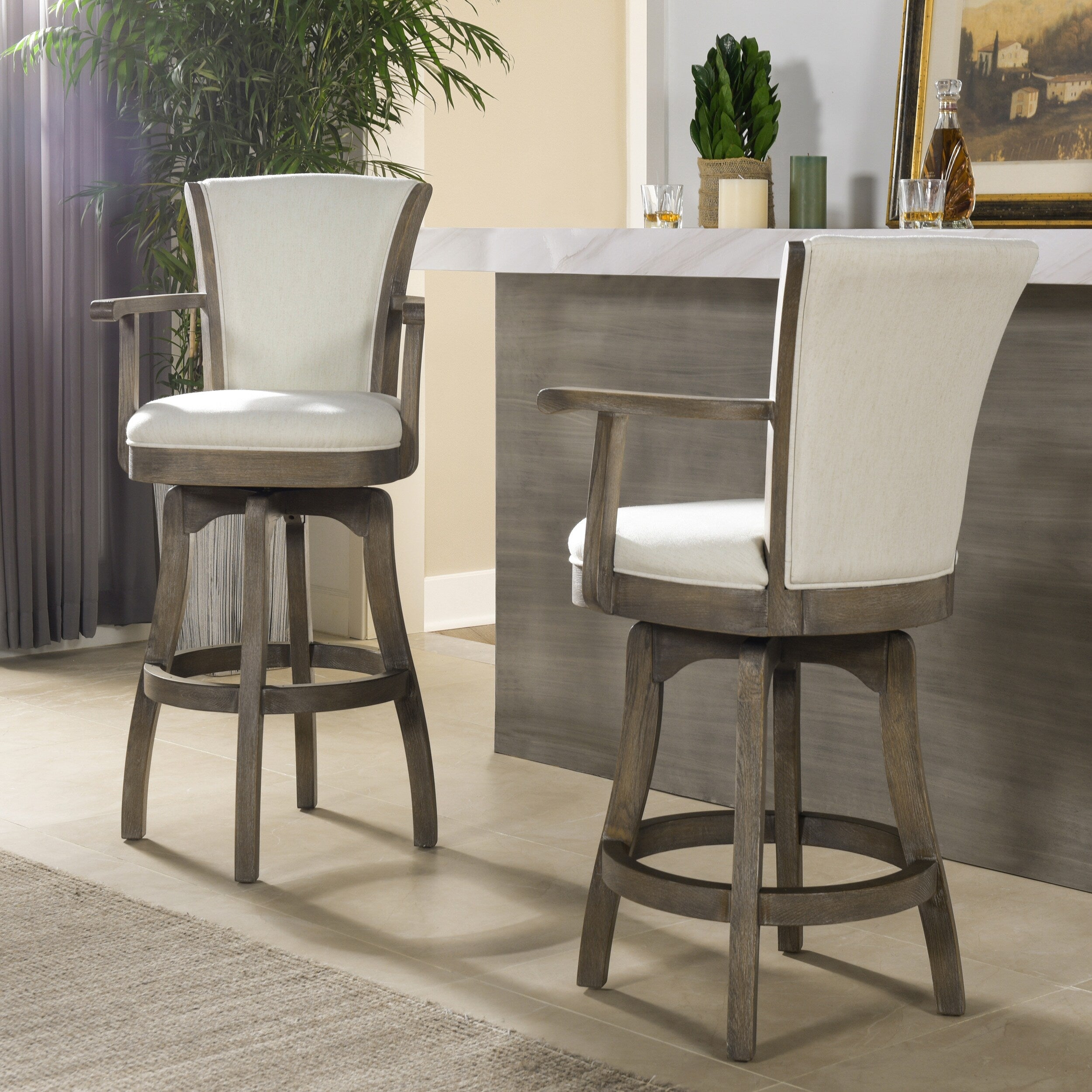 27in Swivel Counter Height Bar Stool - Vintage Faux Leather with High Back Support & Armrests - Solid Hardwood Frame - Perfect for Kitchen Island, Home Bar & Breakfast Nook
