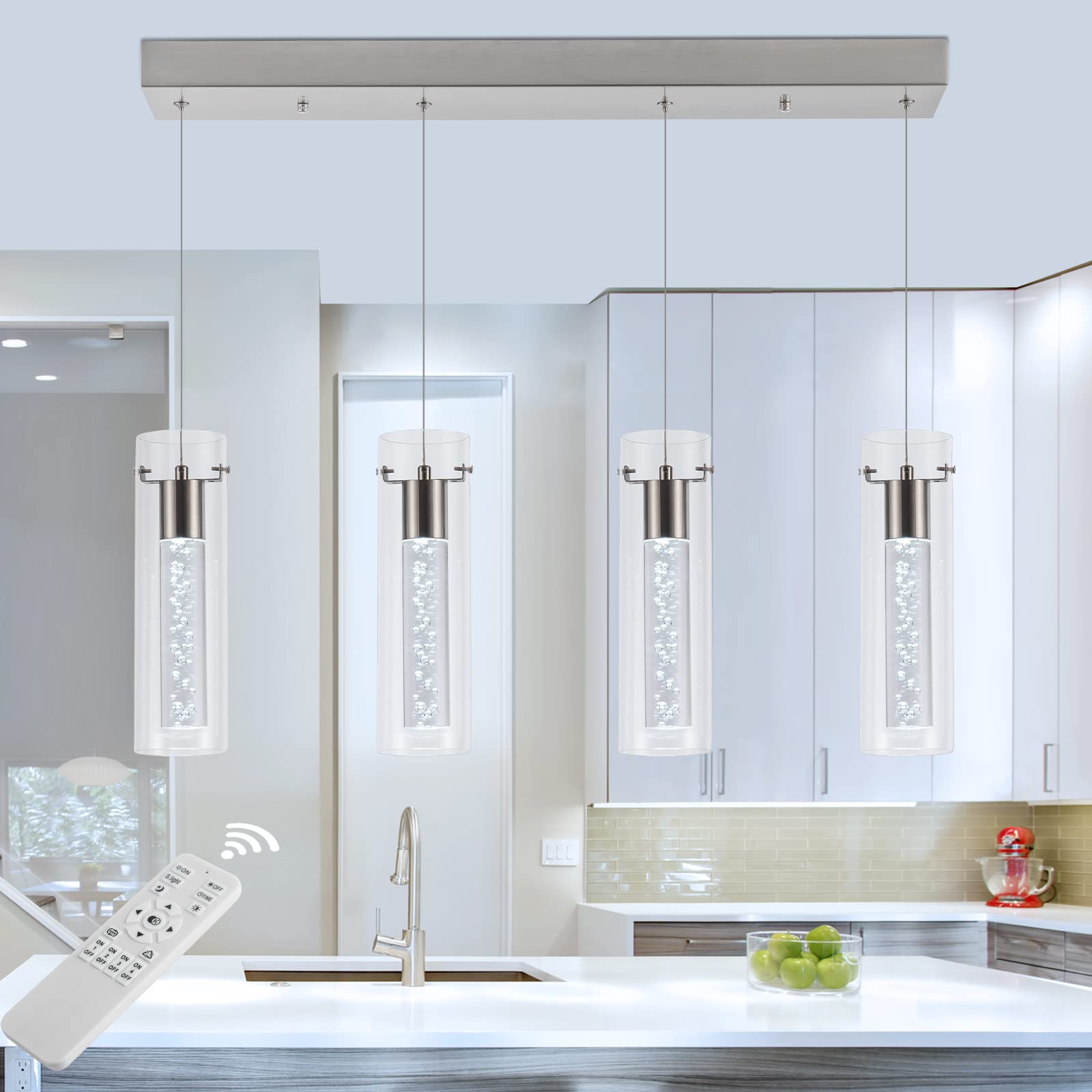 Dimmable LED Hanging Pendant Lights with Remote Control - 4-Light Brushed Nickel Fixture, Adjustable Warm/White/Cool Lighting for Kitchen Island, Dining Room, Restaurant, Living Room & Bedroom | Perfect for Modern Home Decor and Commercial Spaces
