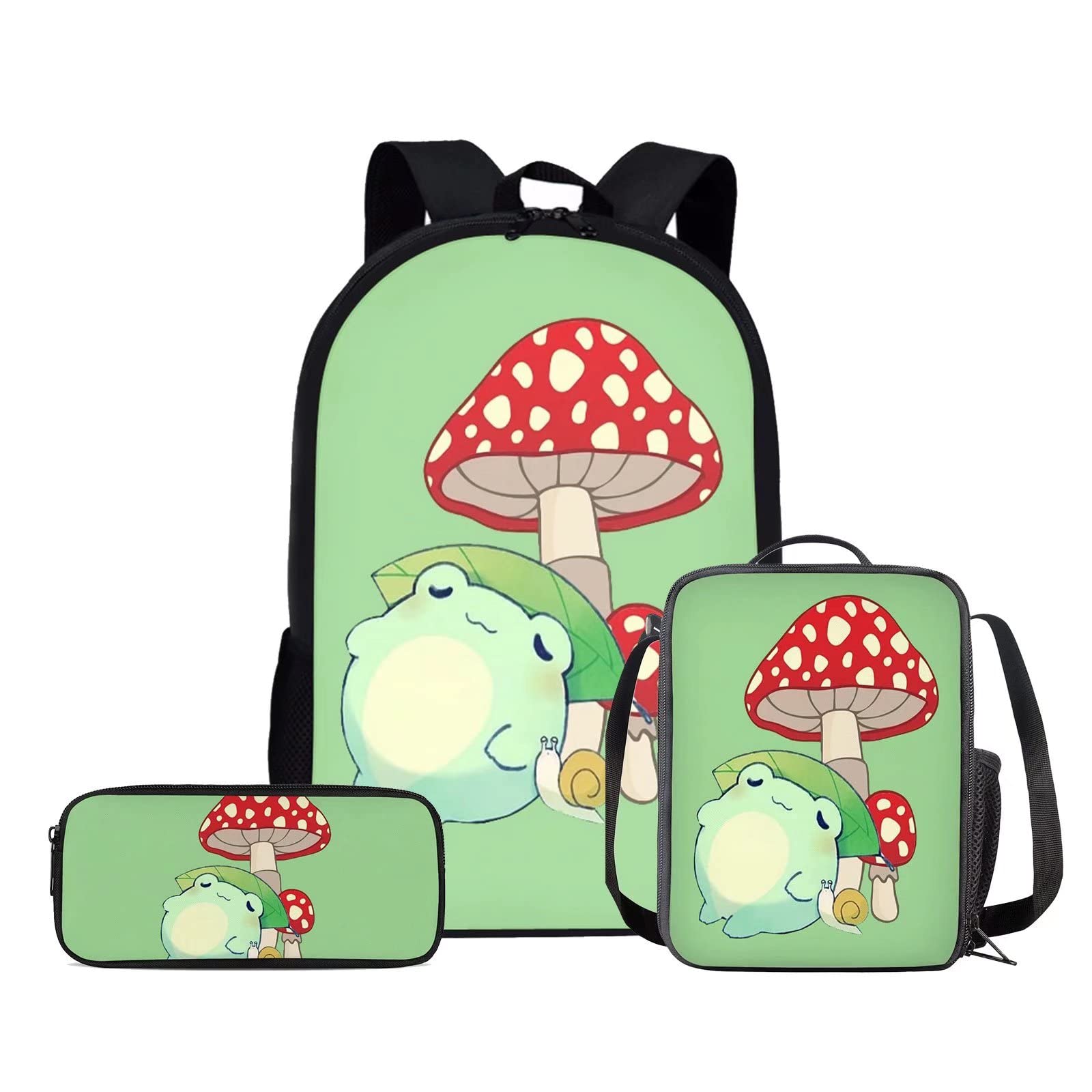 Uourmeti Frog Mushroom Backpack Set for Kids - Lightweight School Bag with Lunch Box & Pencil Case for Elementary & Middle School Students | Perfect for School, Picnics & Daily Use (Green)