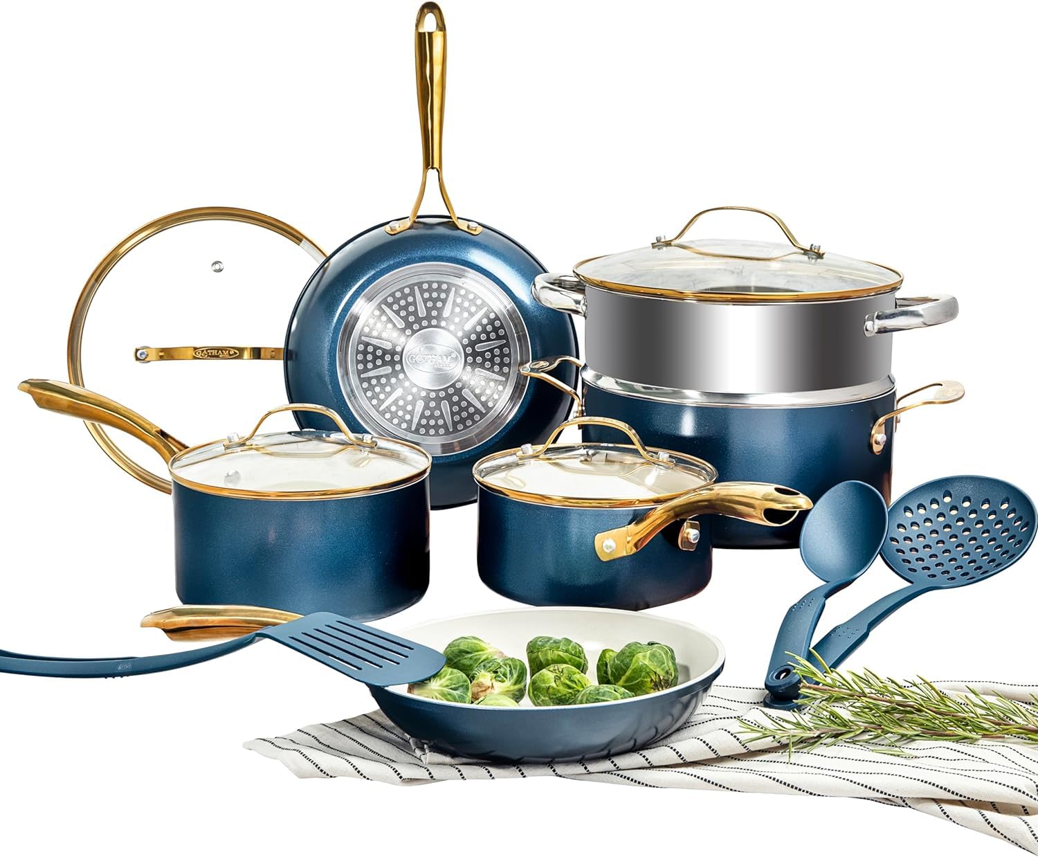 Gotham Steel 15-Piece Ceramic Non-Stick Cookware Set - Pots & Pans, Non-Toxic, Dishwasher Safe (Navy Blue) - Perfect for Everyday Cooking, Baking & Family Meals