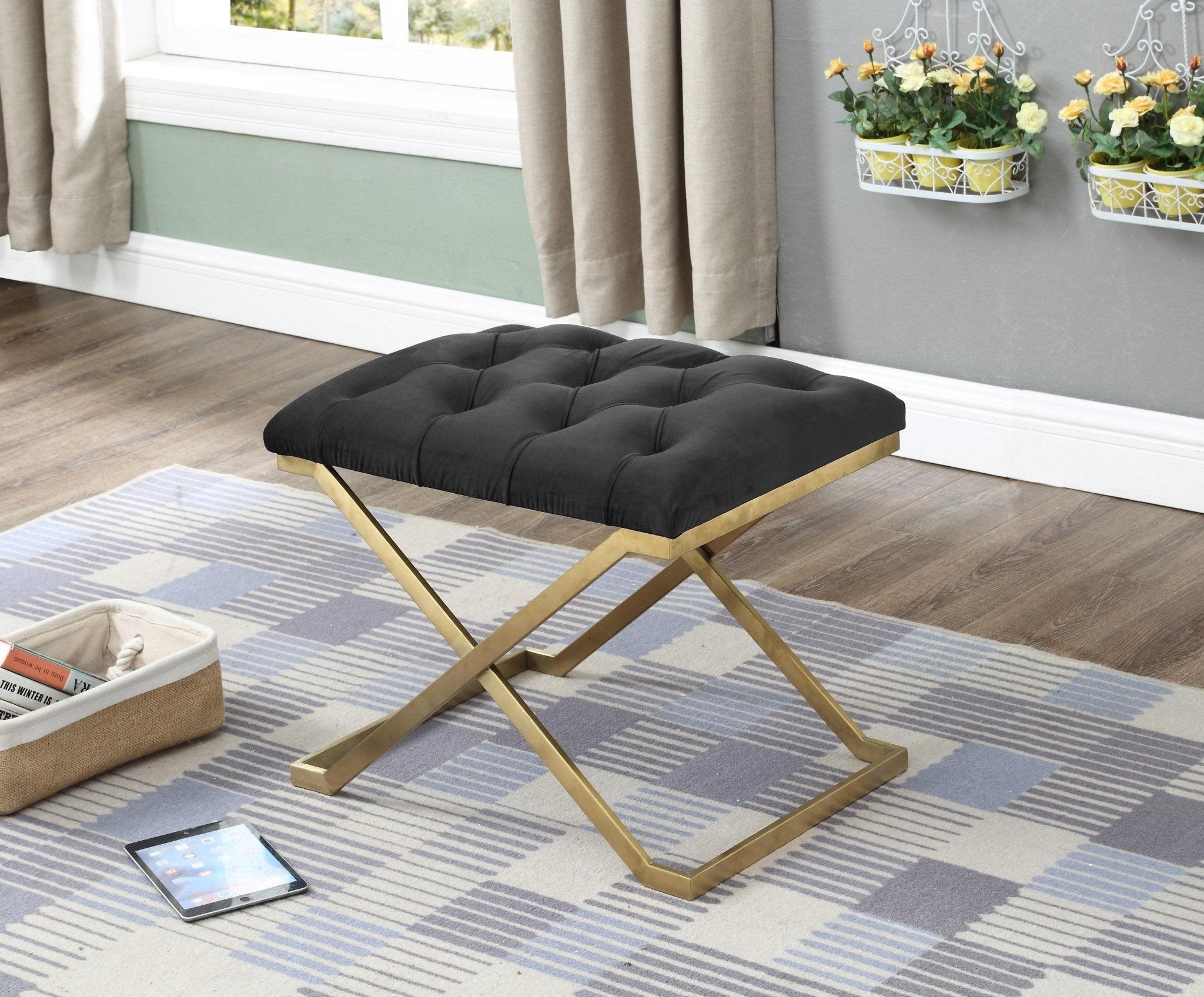 Luxury Black Velvet Ottoman with Gold Metal Legs - Modern Footstool for Living Room, Bedroom & Home Decor