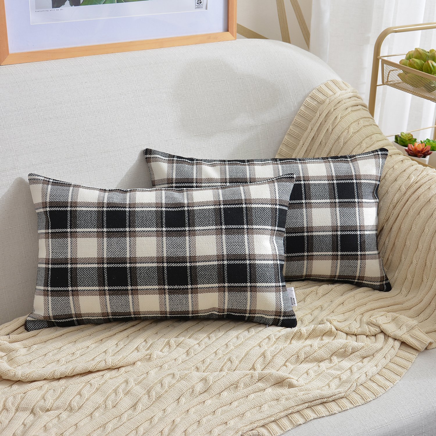 2 Pack Black Checker Blend Linen Square Pillow Cases - 12