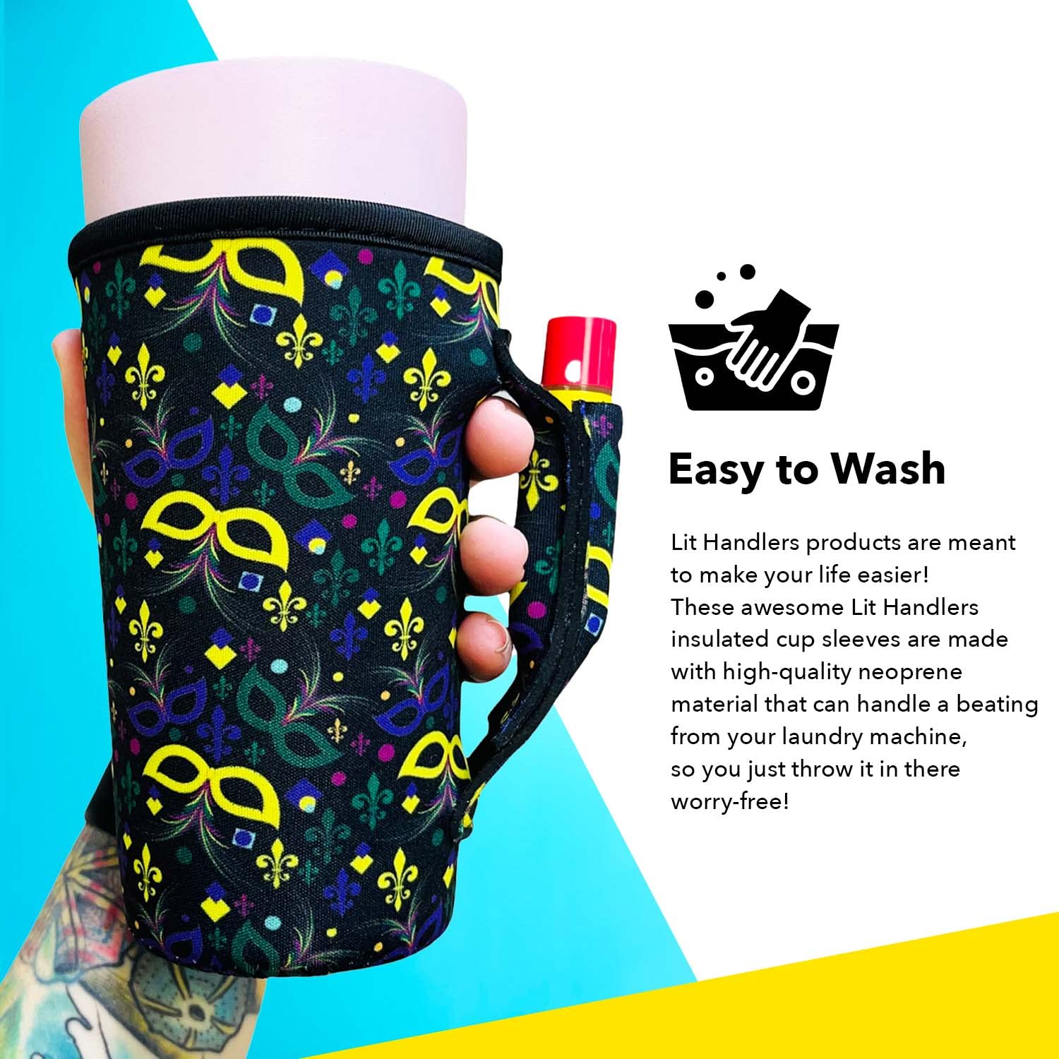**20-27 oz Insulated Tumbler Holder - Neoprene Coffee & Tea Sleeve with Handle - Water Resistant Beverage Cover for Large to XL Tumblers & Shaker Bottles (Safety Yellow) - Perfect for Travel, Office & Outdoor Use**