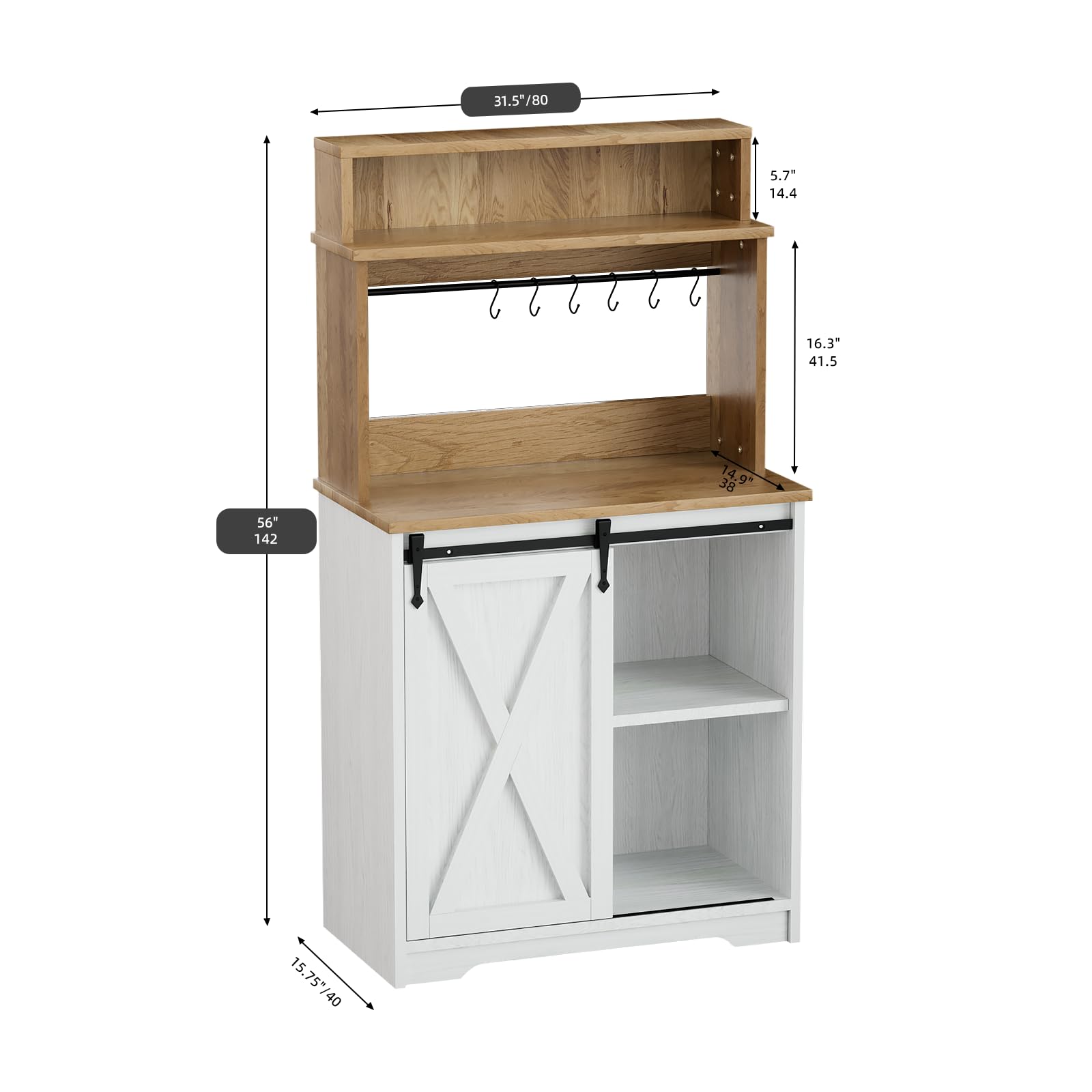 Farmhouse Coffee Station with 3-Tier Storage Hutch & 6 Hooks - 56 Inch Rustic Coffee Bar Table with Adjustable Shelves for Kitchen, Living Room or Dining Room - Perfect for Organizing Mugs, Coffee Supplies & Decor