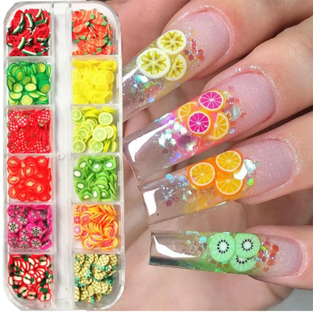 AKOAK 2 Boxes of Crystal Clay Strip Flowers & Fruit Slices - Apples, Strawberries, Watermelons for Nail Art, DIY Crafts, Scrapbooking & Home Decor (Perfect for Nail Salons, Party Decorations & Gift Making)