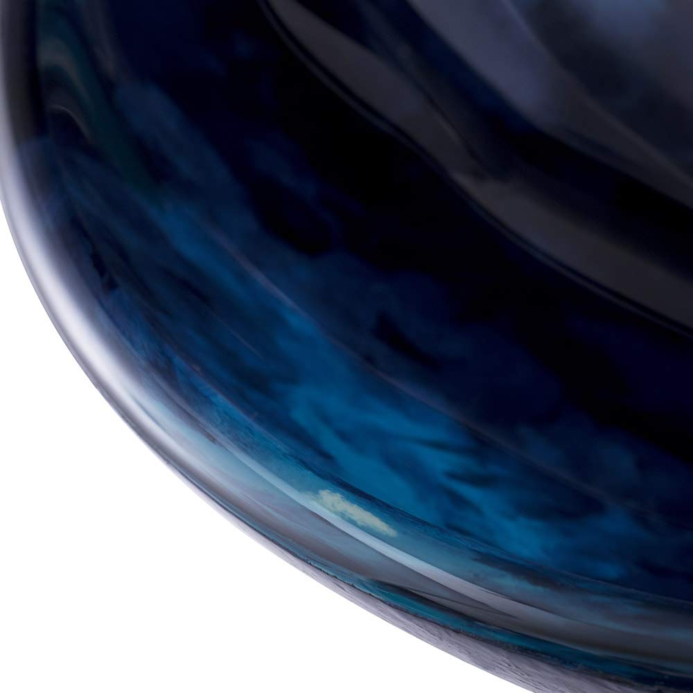 Modern Navy Blue Tempered Glass Vessel Sink - Round Bathroom Vanity Sink for Countertop Installation with Pop-Up Drain - Artistic Waterfall Faucet Compatible - Perfect for Contemporary Bathroom & Powder Room Decor